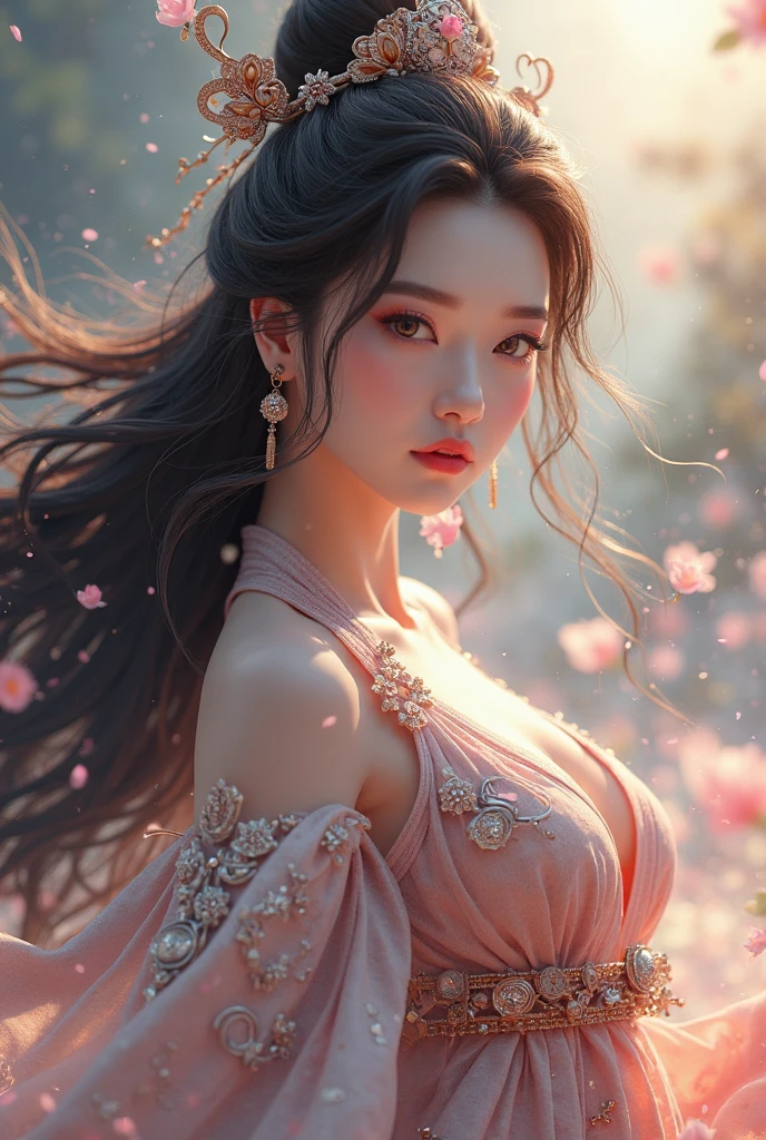 dancing diva(quality improvement:1.4),1girl, Full breasts,Visible cleavage,Sexy long legs,The skirt is short,She gently lifted her skirt with one hand,Surrounded by white Phalaenopsis orchids,Lilac dendrobium、White Lily, Flying petals,(Top quality leather), Delicate face,Black Hair, Gradient hair, Body,(Body1.1), He has a precious gem on his forehead., Shining Student,Long eyelashes,Smile, Surrealism, Movie Lighting, Projection Insertion, Surrealism, Ultra HD, masterpiece,lie,Keep dreaming,Open your legs slightly.,Tattoo,Fantasy Space,Luxurious space,Exquisite makeup,Blush,Shy expression