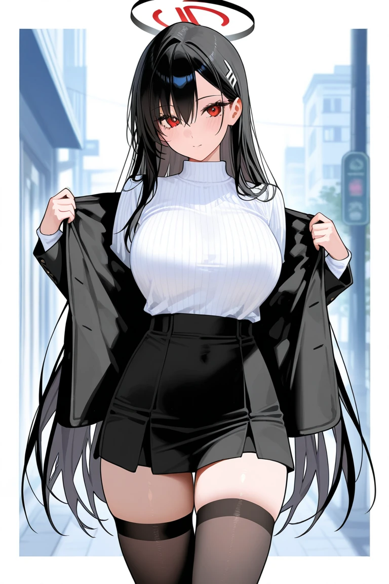 tohkayatogami, tohka yatogami casual, long hair, purple hair, alluringly smile, office shirt, white shirt, see through shirt, wet shirt, visible black bra, sweating, long shirt, long sleeves, bare legs, pantyhose, no skirt, no pants, fabric chokers ,(purple eyes:1.1), hair ribbon, ponytail, purple hair, white ribbon, g cup breasts, bewitching thighs,plump butt , low heels 
BREAK ,
BREAK outdoor, on pool, in water, floating on ester, dripping wet, one person, standing , low heels, white ribbon ,
BREAK angle point view ,looking at viewer, seduce poses, confident, full body view, head to toe view, create bit distance , 
BREAK (masterpiece:1.2), best quality, high resolution, unity 8k wallpaper, (illustration:0.8), (beautiful detailed eyes:1.6), extremely detailed face, perfect lighting, extremely detailed CG, darker background, (perfect hands, perfect anatomy),