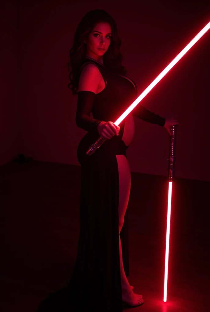 (full body shot:1) photorealistic image of a (standing pose:1) ultrarealistic, photography, long red hair, woman, 24 years old, hourglass figure, perfect body, seductive look, natural medium breasts, blur background, in complete darkness, she is wearing a sith robe, she is holding a red lightsaber, the lightsaber is the only lightsource