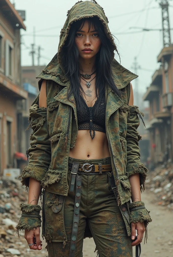 Cyberpunk, Scavenger, woman in early twenties, dressed in rags, dressed seductively, skimpy clothing, medium breast, provocative clothing