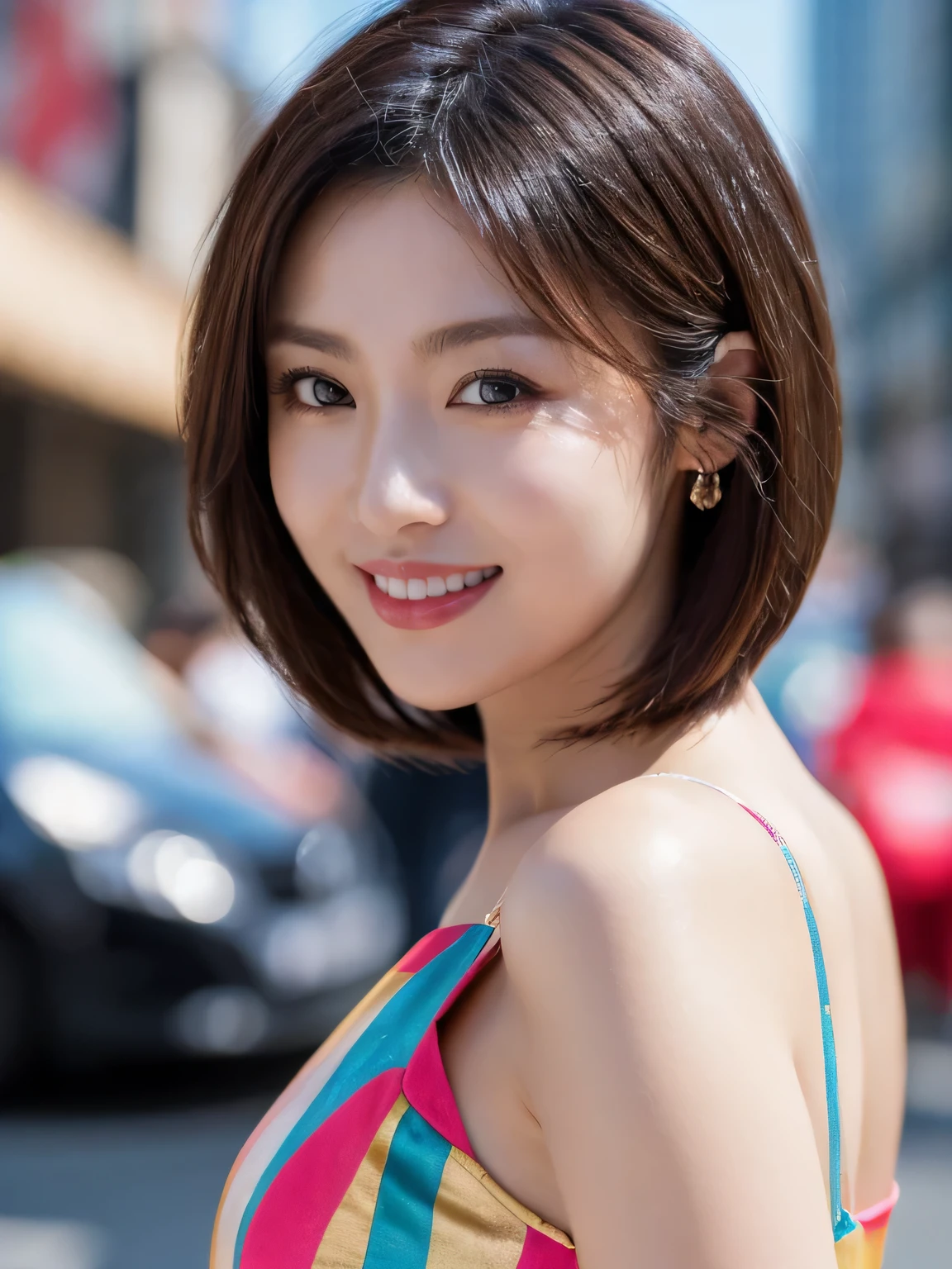 highest quality, waist shot, masterpiece, dark eyebrows, ultra high resolution, realistic, very detailed, professional lighting smile, eagle nose, semi-short wave hair, transparent colorful silk dress, random body orientation, background for urban city street,