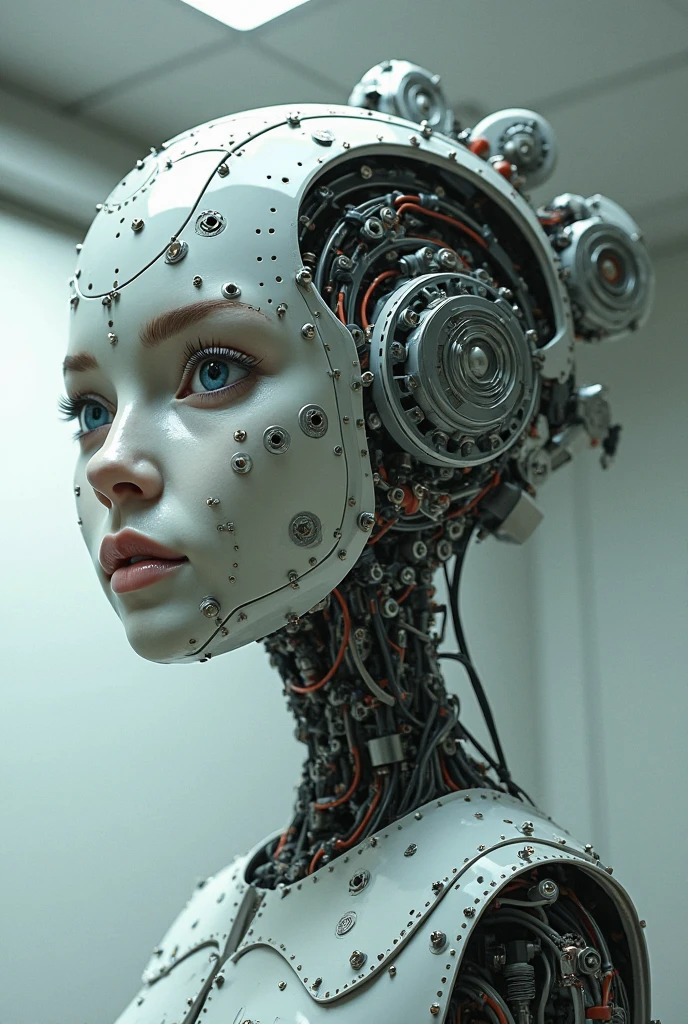 cyborg woman| with a visible detailed brain| muscles cable wires| biopunk| cybernetic| cyberpunk| white marble bust| canon m50| 100mm| sharp focus| smooth| hyperrealism| highly detailed| intricate details| carved by michelangelo