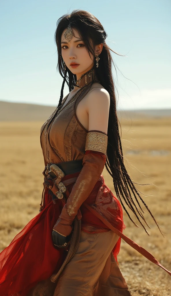 Portrait of Marie Avgeroupolus as Pocahontas, young beautiful native american woman, Perfect symmetrical face, Indigenous feather jewelry, traditional handmade dress, armed female hunter warrior, (((wild west))) environment, Utah landscape, Ultra photo realsisim, concept-art, elegant, ((Intricate)), ((Highly detailed)), Depth of field, ((professional color graded)), gentle ambient lighting, Dusk, 8K, art by artgerm and greg rutkowski and alphonse mucha