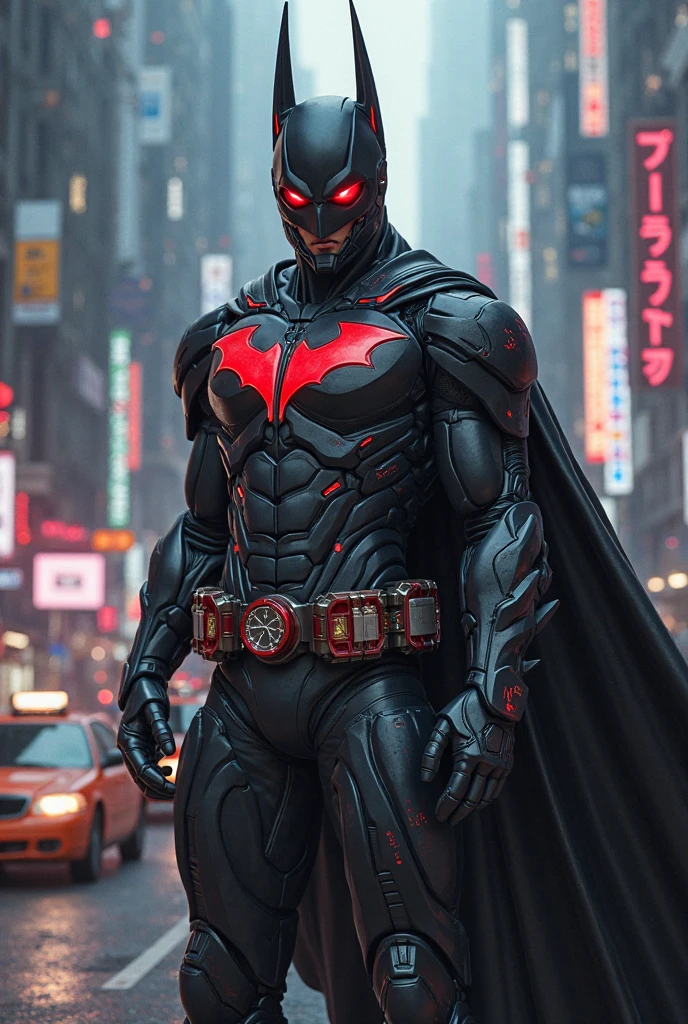 (Masterpiece artwork, 8K, uhd, high resolution: 1.4), (mix of Batman and Spider-Man: 1.3), (black costume with red and blue details: 1.2), (mask with glowing white eyes: 1.2), (spider symbol on chest, stylized with bat wings: 1.3), (flowing black cloak: 1.2), (heroic pose on top of a gothic building: 1.3), (city in the background with skyscrapers and neon lights: 1.1), (glowing webs and technological gadgets: 1.2), (dark and mysterious atmosphere: 1.3), details Intricate, (fantasy and action elements: 1.2), (dynamic and powerful perspective: 1.3)