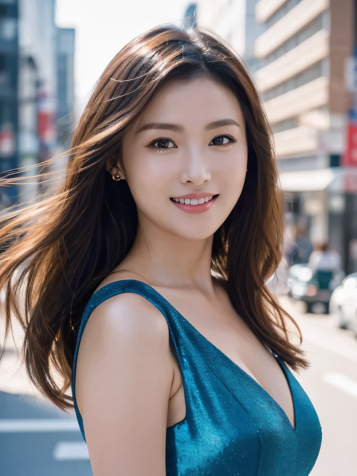 highest quality, waist shot, masterpiece, dark eyebrows, ultra high resolution, realistic, very detailed, professional lighting smile, eagle nose, semi-long wave hair, transparent colorful silk dress, random body orientation, background for urban city street,