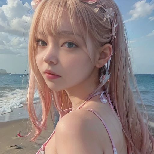 (8k:1.3),(Masterpiece:1.3),(Highest quality:1.5),(Best quality:1.1),(High resolution:1.5),(Ultra high res:1.3),(High Detail:1.1),(Ultra detailed:1.1),(Fine grain:1.2),(Realistic:1),(Photo realistic:1.3),(Attractive:1.4),(Realistic light:1),(Realistic shadow:1.1),(Depth of written boundary:1.4),(Depth of field:1.1),(Professional Lighting:1.3),(Photon Mapping:1.1),(Radiosity method:1.2),(Physically Based Rendering:1.1),[A beautiful girl stands at the end of a wooden jetty, her gaze pensive as she looks out over the calm, azure sea. She’s wearing a sleek, bikini that contrasts elegantly with the light wood and the clear blue water. Her posture is relaxed yet composed. The camera captures her from a medium distance, allowing the length of the jetty and the vast ocean to frame her thoughtfully, emphasizing a moment of solitude and reflection], (1 Girl:1.3),(Alone:1.5),(Real skin texture:1.1),(Shiny skin:1.1),(Glowing Skin:1.3),(Beautiful Face:1.3),(Detailed Face:1.4),(Big innocent eyes:1.2),(Eye focus:1.4),(Eye shadow:1.5),(Cute:1.1),(Gal:1.3),(Teen age:1),(Teenager:1.1),(Tenth generation:1.2),(Young:1.1),(Youthful:1.5),(Heart shaped lips:1.3),(Looking at viewer:1.2),(Medium Hair:1.4),(Curly Hair:1.3),(High Ponytail:1.1),(Pink Hair:1.5),(Moderate chest:1.4),(Dark skin:1.5),(Pink Swimsuit:1.5),(Bandeau Bikini:1.4),(Geometric Print:1.3),(Booty pose:1.3),(Outdoors:1.2),(Ocean:1.4),(Sea:1.4),(Marine:1.1),(Coast:1.1),(Shore:1.2),(Beach:1.4),(Seaside:1.2),(Highly detailed background:1.1),(Overhead Shot:1.2),(Sitting:1.2),

