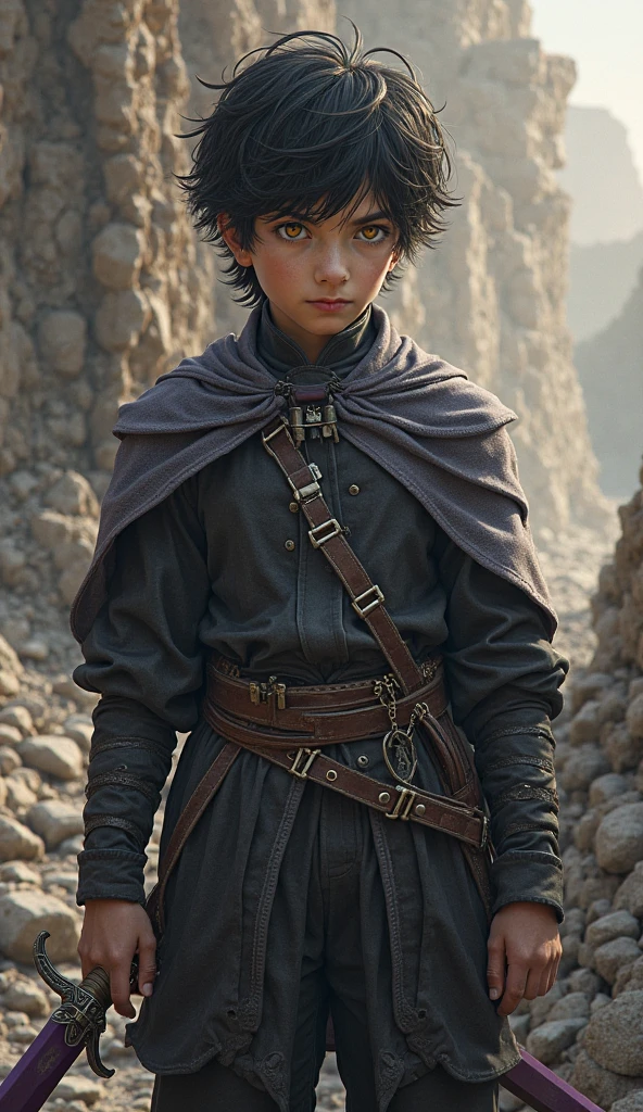 Tan good looking boy with a bit long dark grey hair holding a sword wearing black capes ready to fight