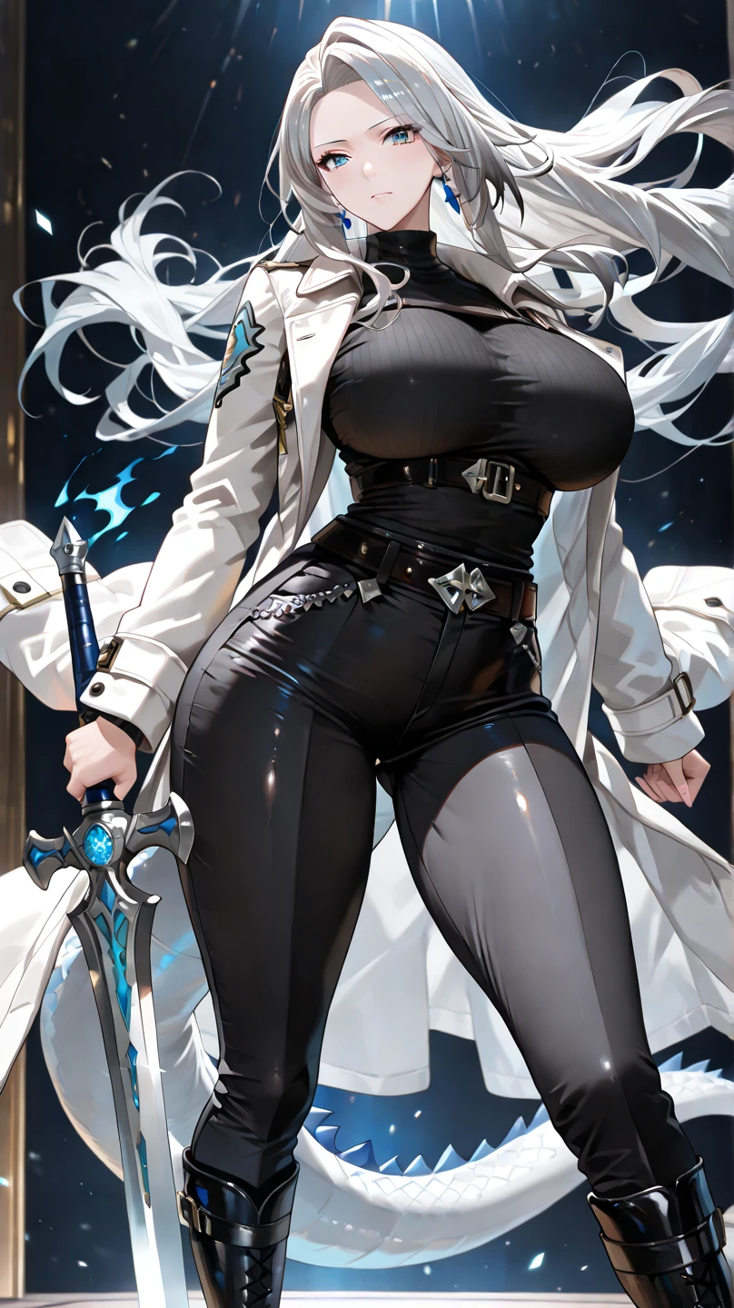 full body portrait of beautiful 1girl, solo, elf ((milf)), (very long) silver hair, tied in a knot, dark blue uniform, black knee-high simple riding leather boots, leggings, Anime style photo, Manga style, Digital art, glow effects, Hand drawn, render, 8k, octane render, cinema 4d, blender, dark, atmospheric 4k ultra detailed, cinematic sensual, Sharp focus, hyperrealistic, big depth of field, Masterpiece, colors, 3d octane render, 4k, concept art, trending on artstation, hyperrealistic, Vivid colors, ((((looking right)))), huge breasts, palace corridor, black gloves:1.2, double-breasted, (looking at viewer), (seductive:0.8),(smile:0.3)(evil:0.9), (smirk:0.6)(from below:0.4)