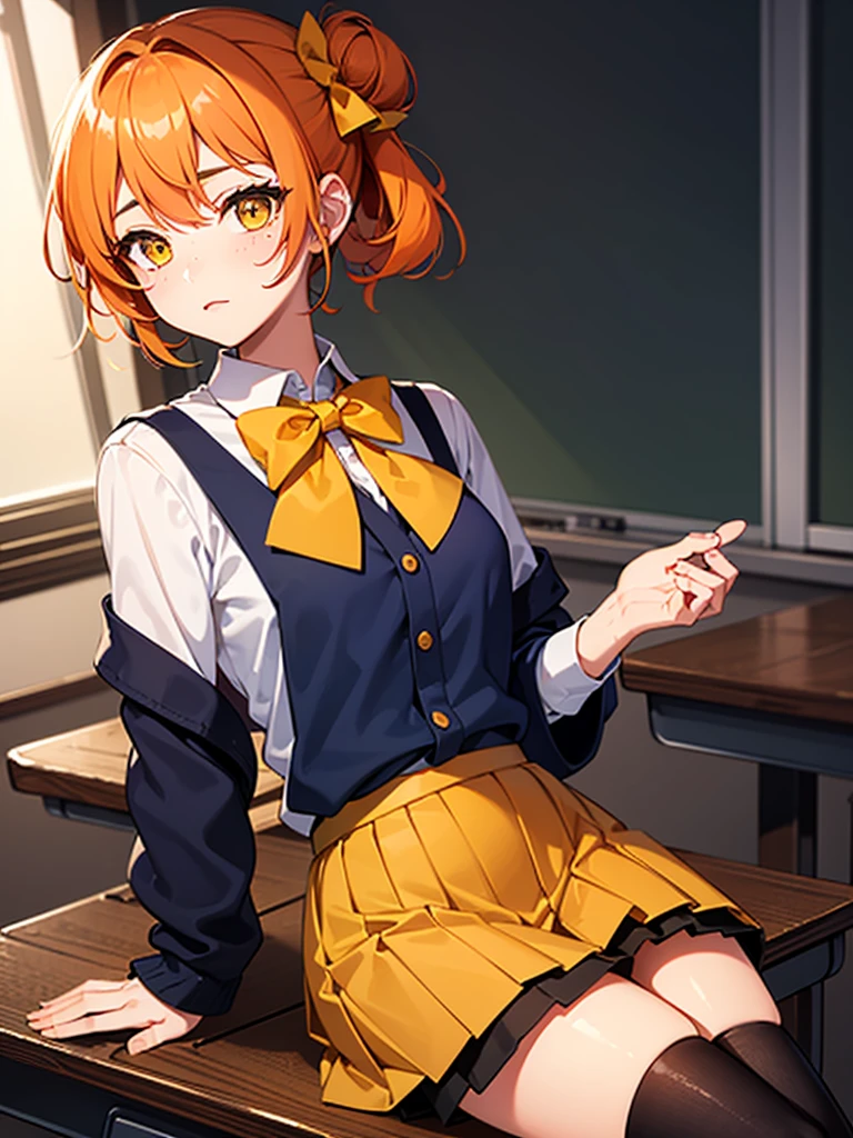 rangikumatsumoto, rangiku matsumoto, long hair, (grey eyes:1.5), orange hair, mole, mole under mouth, parted bangs, smile,
BREAK skirt, shirt, cleavage, jewelry, school uniform, pleated skirt, necklace, chain, collar, short sleeves, grey skirt, white shirt,
BREAK indoors, classroom,
BREAK looking at viewer, (cowboy shot:1.5),
BREAK (masterpiece:1.2), best quality, high resolution, unity 8k wallpaper, (illustration:0.8), (beautiful detailed eyes:1.6), extremely detailed face, perfect lighting, extremely detailed CG, (perfect hands, perfect anatomy),