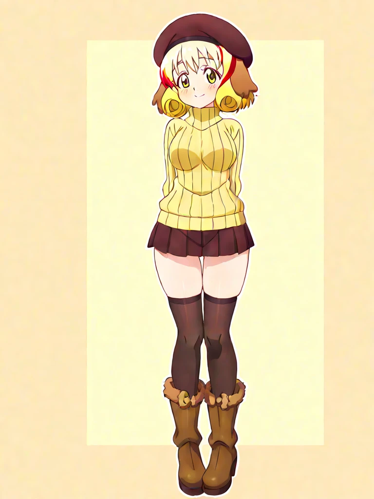 anime screencap, (((ibaraki douji \(fate\)))), (((horns, oni, long hair, blonde hair, yellow eyes, fang, (forehead)))), tattoo, 1girl, solo, standing, smile, teeth, zzcloaa, outdoors, mountain score_9, score_8_up, score_7_up, score_6_up, score_5_up, score_4_up, BREAK source_anime, masterpiece