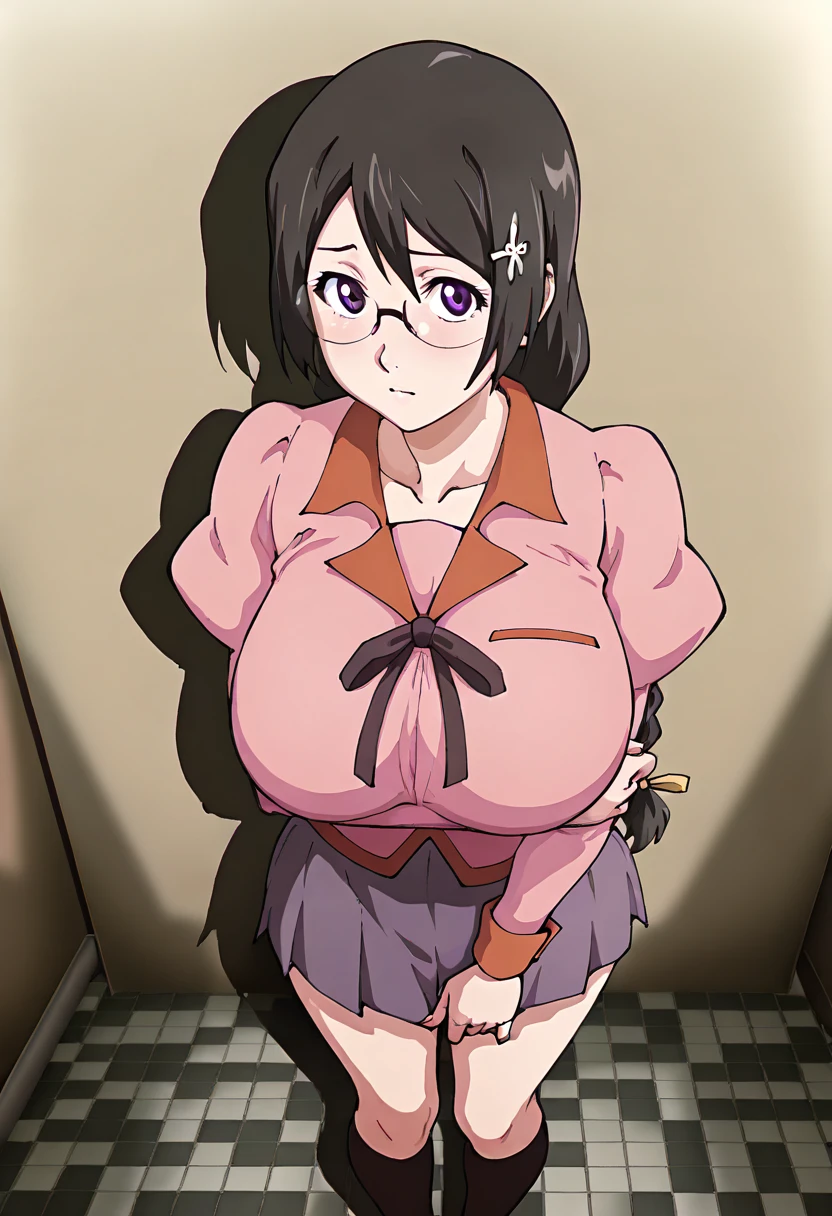 Super detailed, masterpiece, Highest quality, alone, Fearful expression, kousaka china, head band, Glasses, naked, Nipples,Collar with leash、Black knee socks,semen、Are standing、Hide your eyes with your hands、Bow-legged、White background