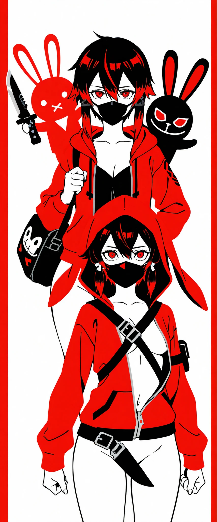 logoart,art,公共art作品,sinon, Asada Shino,full nude,red hoodie,Zippered Open Hoodie,No Panties,bag,black hair,has red hair tips,folding knife,red eyes,☓印付きblack mask,Batten's mouth,black mask,1 bag,rabbit shaped white shoulder pouch bag,It floated in the air、 white background with horizontal eyes,スタイリッシュうさぎartのバッグ,cool&Modern Design Bags,Faux Leather Bags,Symbolized Rabbit Design Bags,,Side Printed Rabbit Face Bag,anime style,Red Framed Bag,Red Belt Strap,Assassin Rabbit Molding Design Bag,Red Hood Rabbit Design Bag,Batten's mouth,sharp eyed,stomach,cleavage,No Panties,