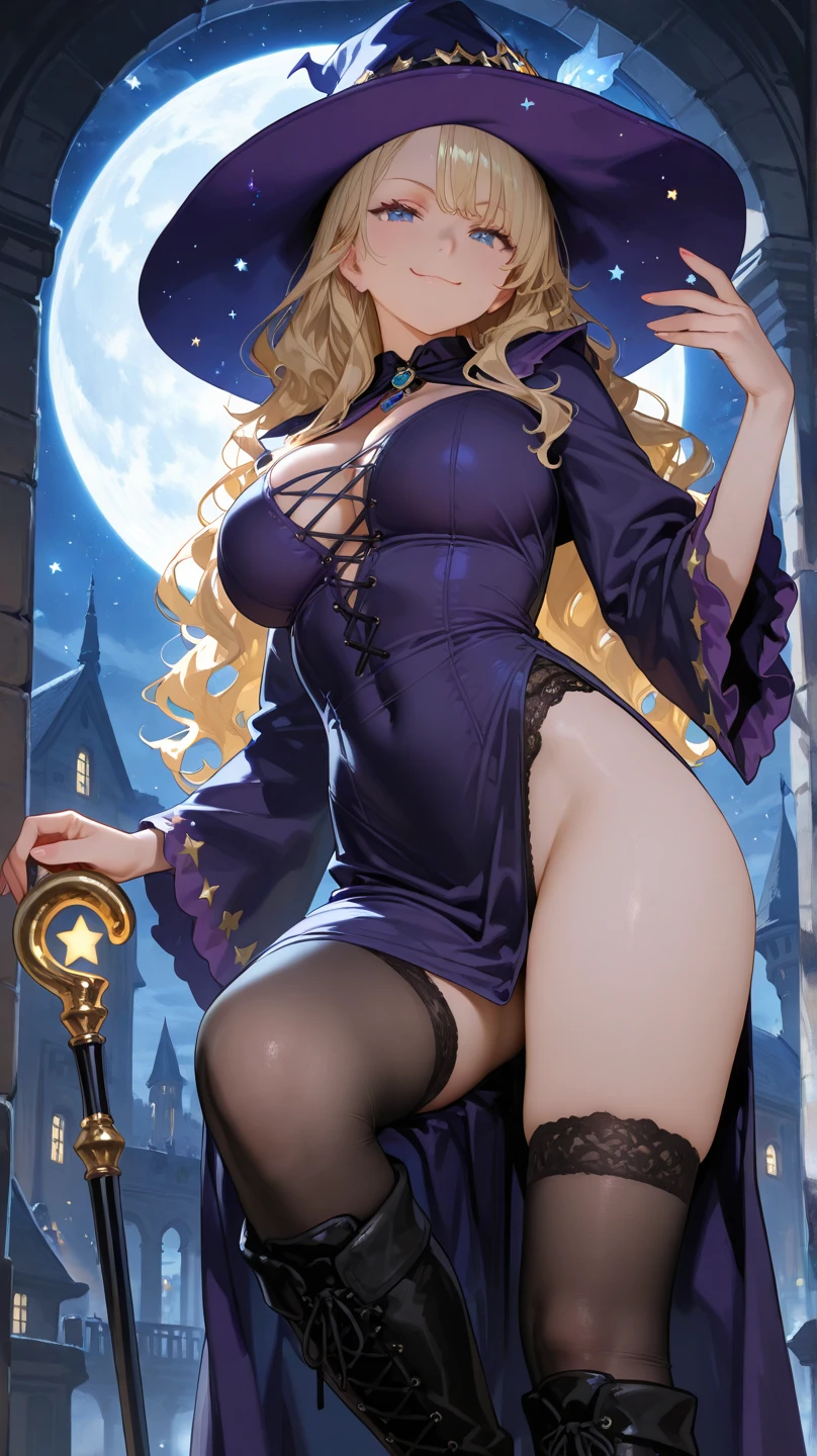 highest quality、16K high resolution、Super detailed、masterpiece、Live shooting、realistic:1.4、hyper realism:1.4、sharp focus、very delicate and beautiful、small details、1 female、(european:1.2)、(blonde:1.1)、(super beautiful)、(beautiful face:1.5)、(adult face)、18 year old witch、(no panties:1.2)、spread your legs to the side、(wizard hat)、(purple dress:1.2)、library 、stockings 、wearing makeup、libray chairs、At NSFW