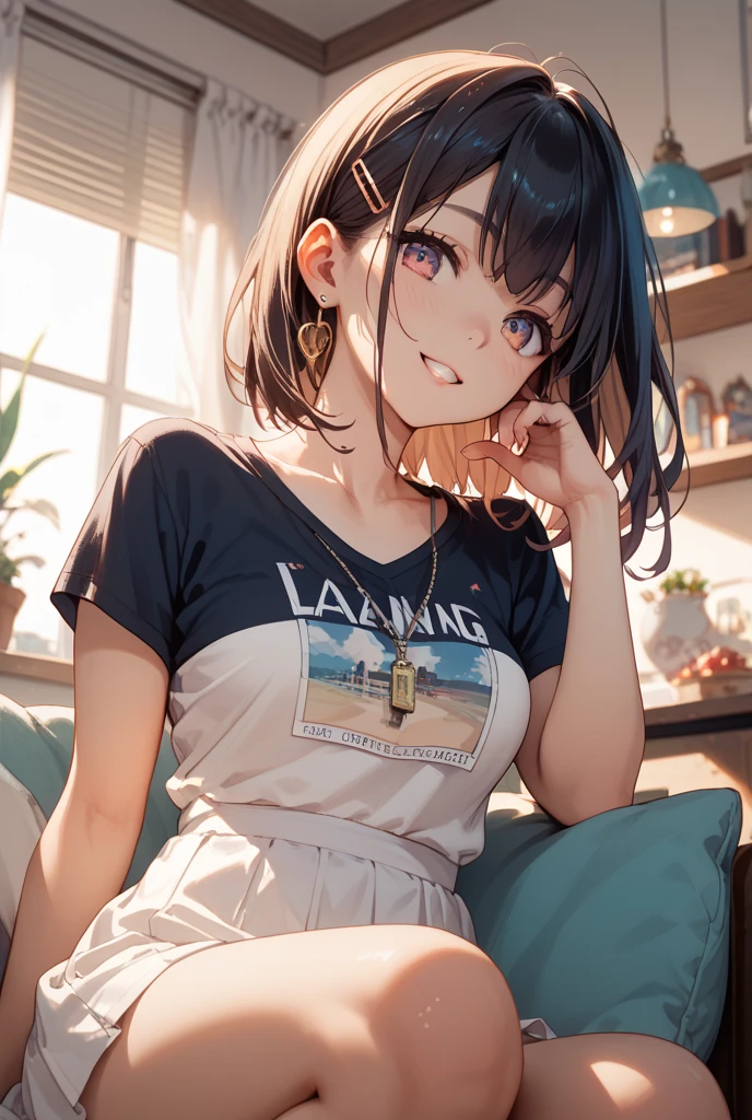 ollarbone,black t-shirt,off-shoulder look,bare shoulder,midriff peek,micro shorts,open mouth,tongue out,cum on tongue,Black sofa,sit,Selfie,looking ahead,from above,flont view,cowboy shot,(1girl,Beautiful 14 year old girl),((Slender,Small breasts,Small face,)),looking at viewer,Black Hair,bangs,one side up,Beautiful and detailed,Mischievous smile,Dimly lit hotel room,Low lighting