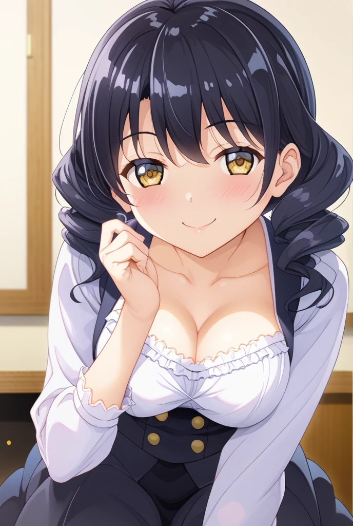 ((highest quality、masterpiece、High resolution))、(((Zoom photo from above:1.95、Cute Smile:1.5、blush、、Cleavage、Maid clothes)))
