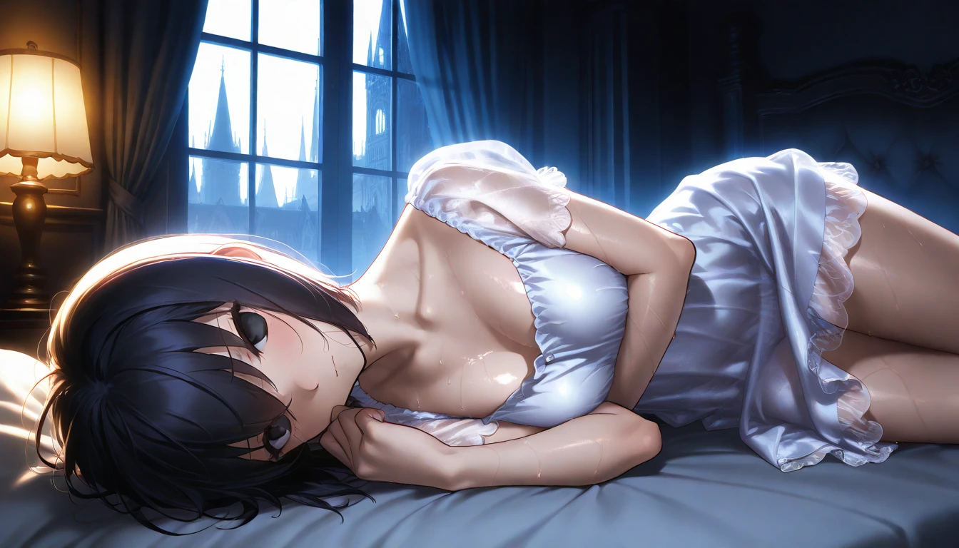 1girl,Spider weaving a net on the girl,réalism:1.2,ultra-detailed,bedroom setting,stretched pose,struggling in the net,brown haired,very long sheer skirt,oaken floor,soft sunlight,delicate spider silk,lace curtains,bedside table,decorative pillows