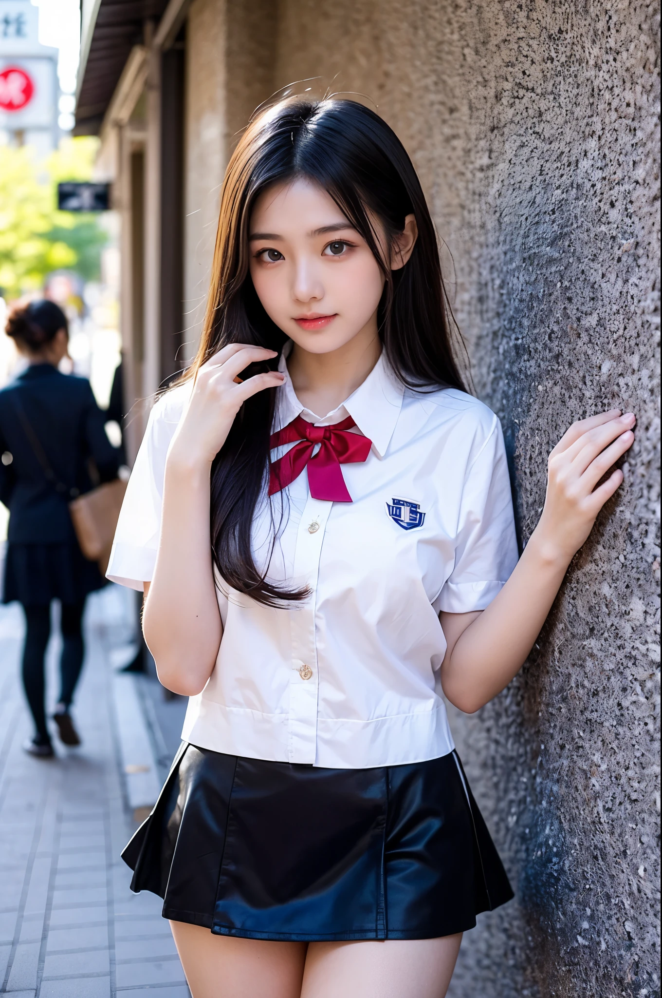 、White summer uniform with school emblem on the left breast、The nipples are clearly visible