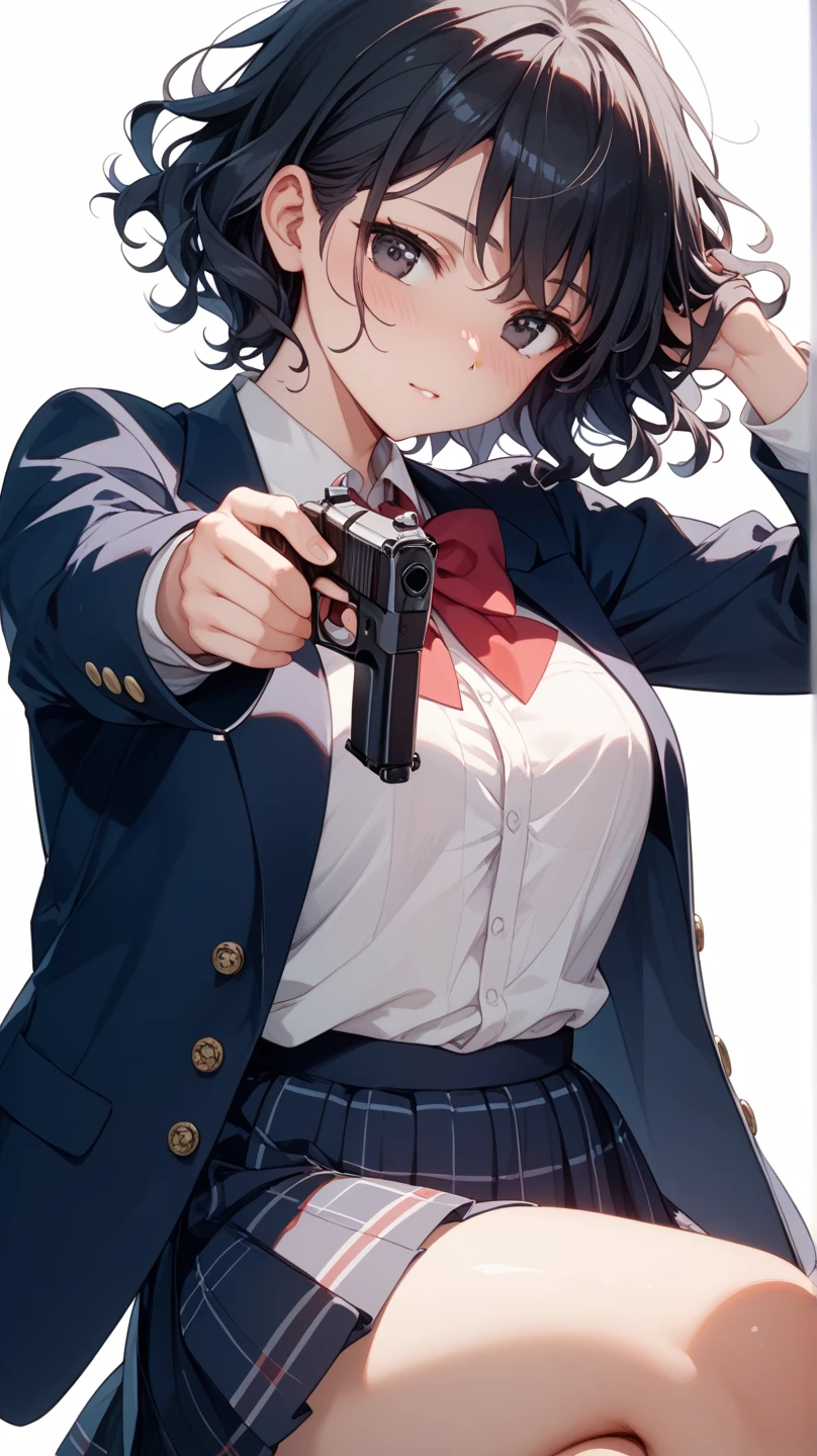 takeba_yukari, 1girl, holster, thigh_holster, choker, solo, skirt, brown_hair, smile, cardigan, brown_eyes, looking_at_viewer, crossed_legs, shirt, jewelry, school_uniform, earrings, thighs, sitting, bow, bangs, short_hair, blush, white_shirt, thigh_strap, pink_cardigan, collared_shirt, clothes_lift, holstered_weapon, breasts, red_bow, black_skirt, white_choker, skirt_lift, long_sleeves, collarbone, weapon, socks, grin, gun, dress_shirt, bowtie, gekkoukan_high_school_uniform, red_bowtie, lifted_by_self, white_background, open_clothes