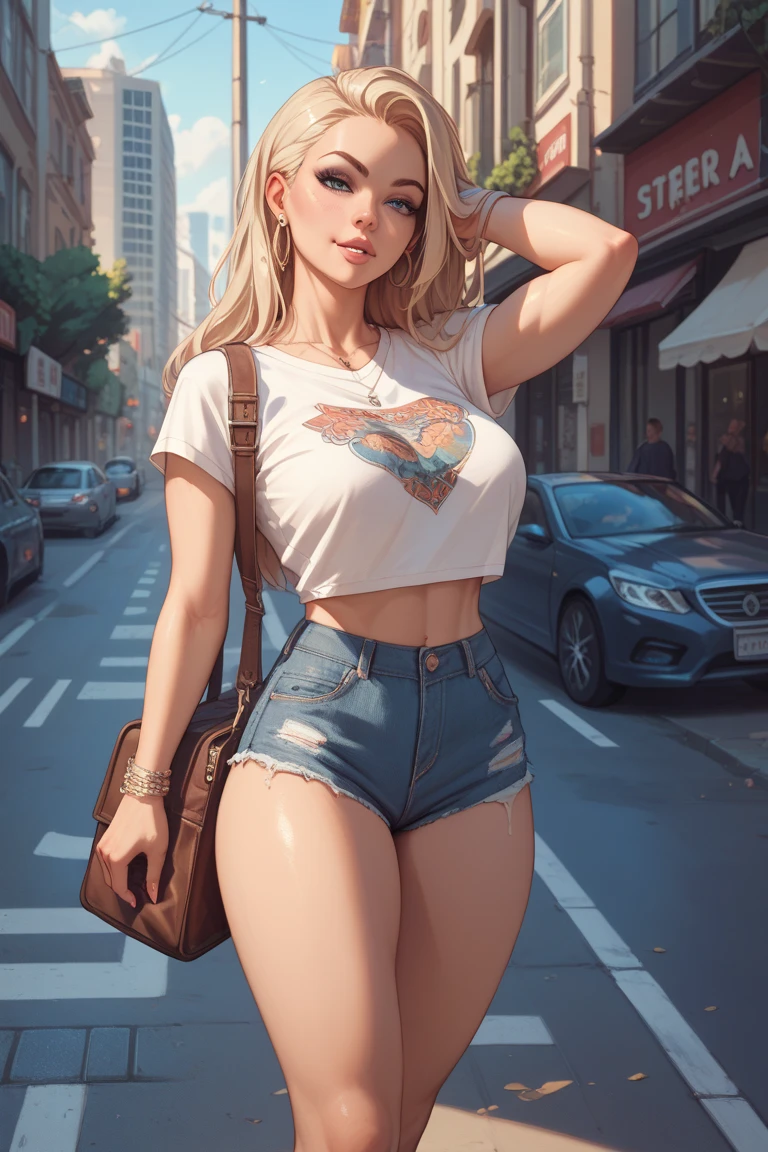 A beautiful blonde woman with blue eyes looking like Anna Nicole Smith, 21 years old, with an extremely huge bust, wearing a white t-shirt showing cleavage and ripped denim mini shorts, smiling, seductive and walking through the streets of Lyon, photorrealistic, 8K, highy detailed, dramatic lighting, film composition, classy fashion, glamorous, details Intricate, hyperrealisti