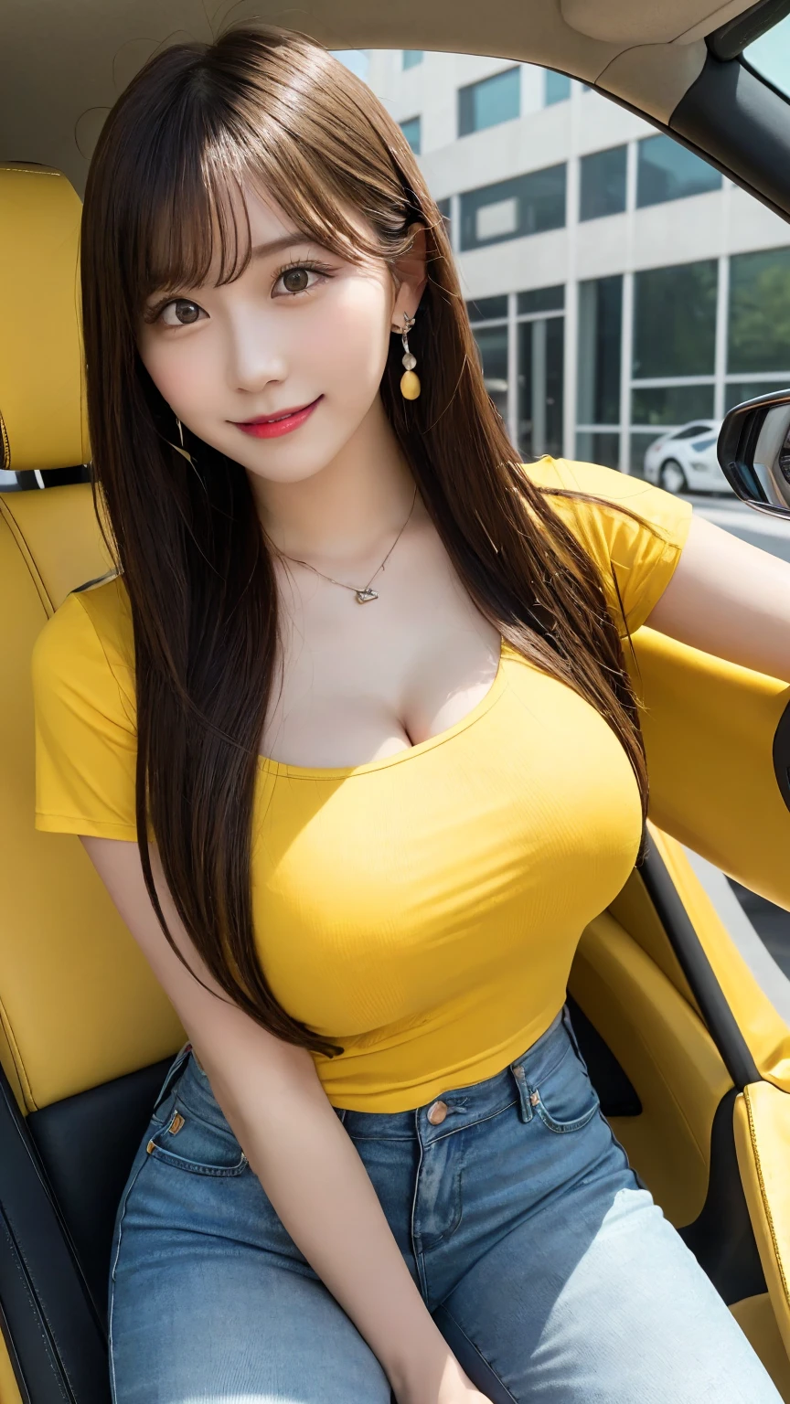 highest quality, masterpiece, Ultra-high resolution, bird公園で, (Realistic:1.4), smile, One beautiful woman,),((Sweaty)), (Yellow V-shirt), Cleavage, walk, Parrot, bird, Spread your legs，Huge Ass，Huge breasts，See-through, transparent clothing，Thick pubic hair, naked。