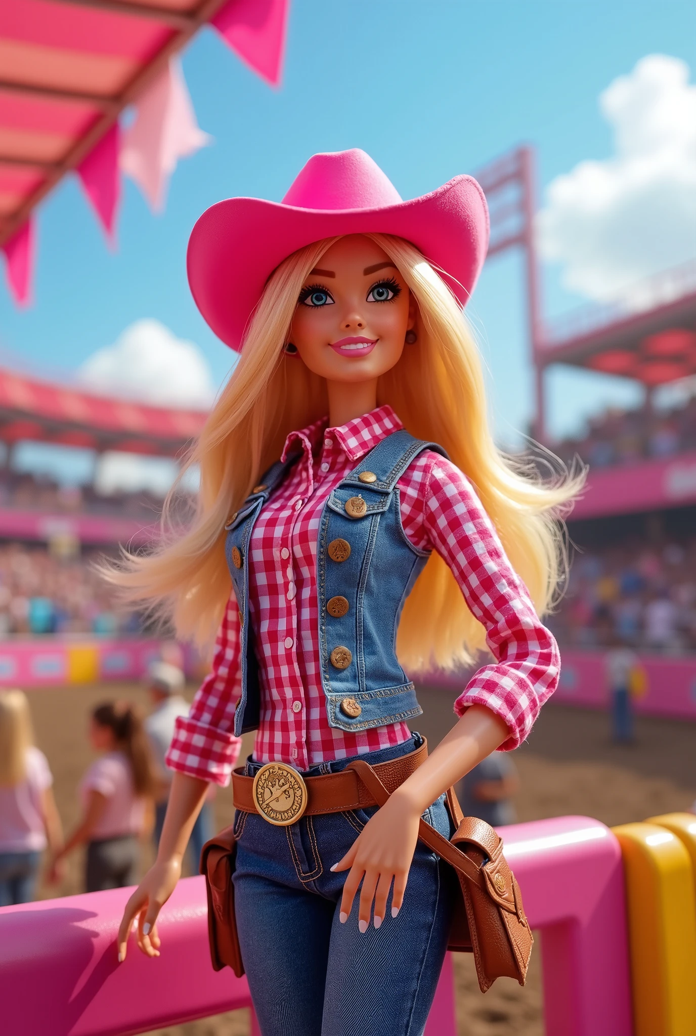Create a lively scene in Barbie City featuring Barbie dolls. Focus on a Barbie challenging herself at a rodeo competition, showcasing her adventurous spirit. The setting should be a vibrant rodeo arena filled with colorful decorations and an enthusiastic crowd. Capture the bright and cheerful atmosphere, emphasizing the excitement and fun of the event.