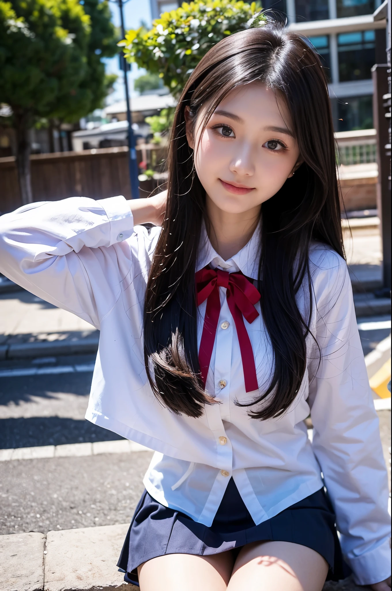 (masterpiece, highest quality:1.2), 8K, young beautiful girl, 85mm,Official AR RAW photo, baby face、big breasts、show me your ears、photo shoot, cute face, thighs, After school classroom, looking at the viewer, embarrassing、smile、no makeup, film grain, chromatic aberration, sharp focus, face light, clear lighting, Ten generations, detailed face, background bokeh、((((((15 year old high school girl))))))、thin waist、sailor suit、dark blue mini skirt、white small panties