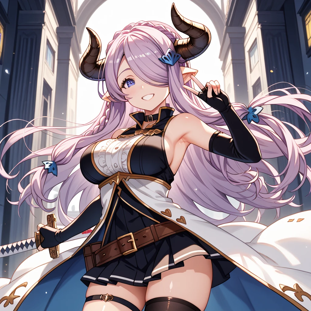 Masterpiece, best quality, expressive eyes, perfect face, 1girl, solo, grapes, horns, breasts, smile, monster girl, looking at viewer, fruit, braid, pointy ears, blush, jewelry, simple background, white background, gloves, puffy sleeves, white gloves, earrings, hair over one eye, navel, food, cowboy shot, large breasts, instrument, tail, juliet sleeves