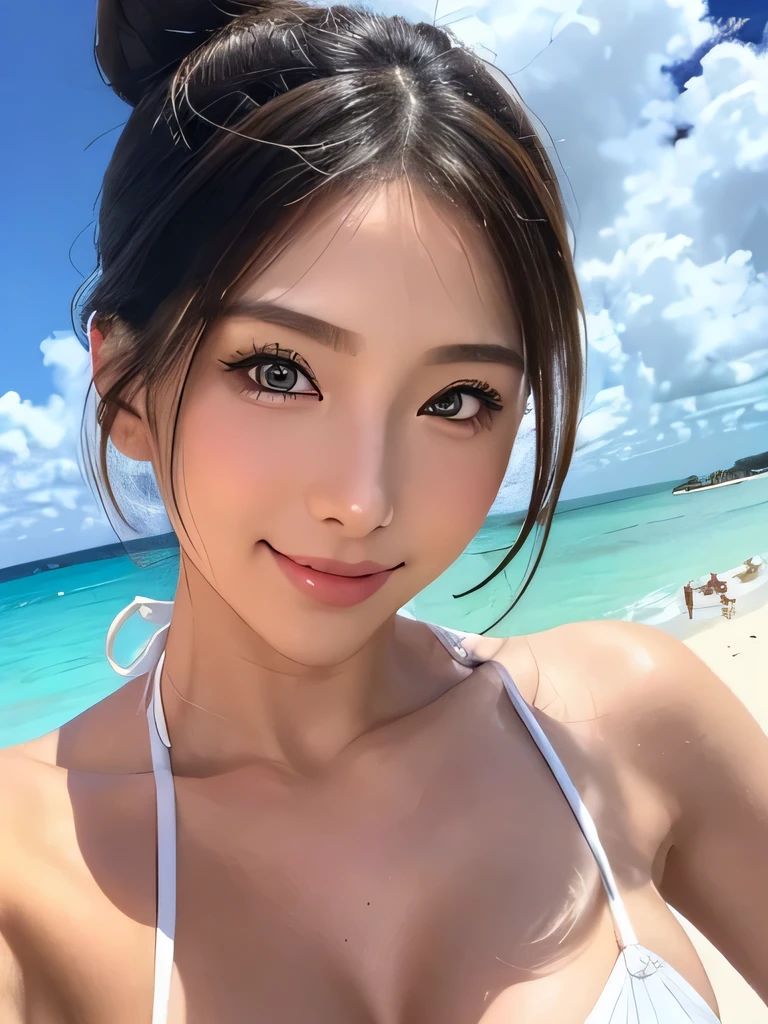 Body portrait, 8K, big and beautiful eyes, clear double eyelids, Dindal effect, masterpiece, top quality, high quality, high resolution, high definition photography, (natural skin texture, fine skin, hyper realism, Super Sharpness), High Detail Skin, (Very Fine, Fine Skin Texture, Intricate Details, Beautiful Face, (Realistic Face), Realistic Eyes, Beautifully Detailed Eyes, Realistic Skin, Beautiful Skin, Surrealistic , High Definition, Golden Ratio, Smiling Eyes, Mole Mouth, Daytime Beach Photography, Under the Sun, Body Portrait, G Cup, Big Breasts, Huge Breasts, Big Breasts, Glamorous, Oily Skin, Shiny Skin, Sexy Bikini, Full Body Shots: 1.5, cleavage, hot body, wet, 