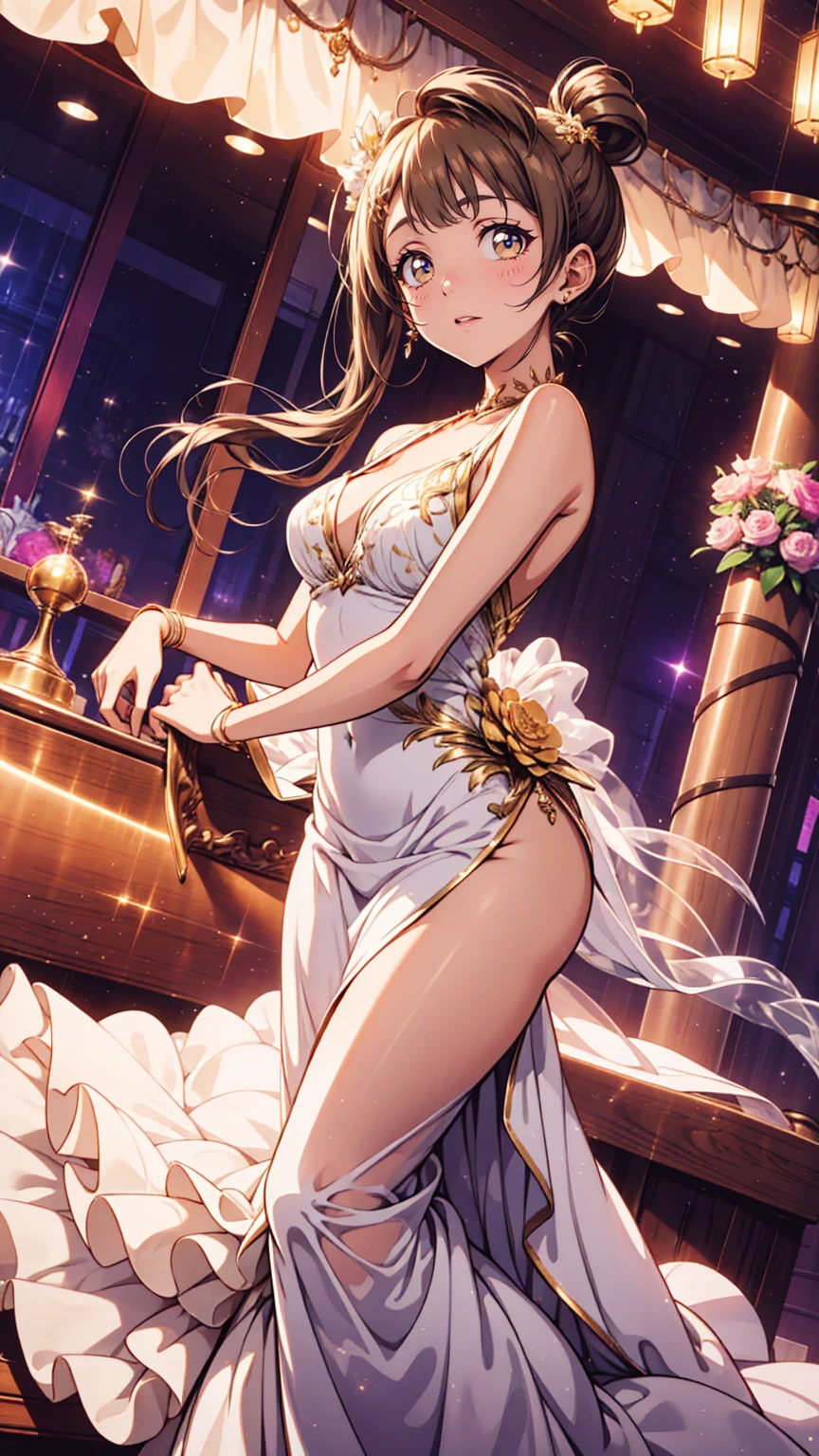 masterpiece、Highest quality、blonde、Shortcuts、White flower corsage、blush、20-year-old female、Big Breasts、((turn around))、Holding a Sword、（short white wedding dress）、White flower scenery inside the castle、Very detailed、One person、smile、The face is Djeeta、Don't wear armor、Gold embroidery on dress、Natural Hands、White skin、Accentuate your butt、8K、Two arms、Do not show underwear、I can see your thighs、Clothes with an open back、Wearing a see-through veil