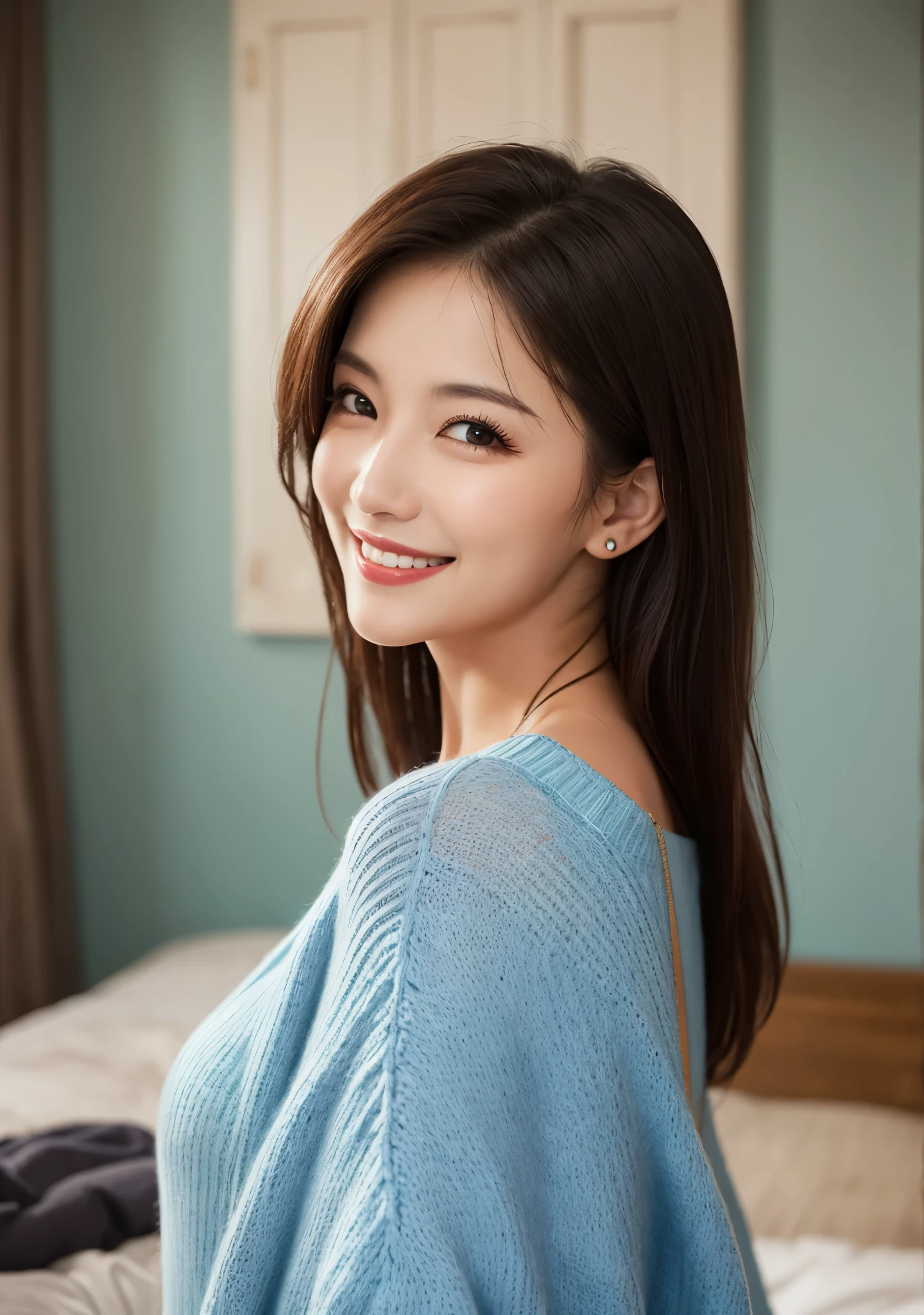 /(Modern house interior/), Only One Woman, Mature Woman, /(blue ribbed Sweater/), bangs, kind, Blushing smile, (Top quality masterpiece:1.2) Delicate illustrations, Very detailed, Large Breasts、((Sweat,vapor))、In front of the entrance door、visit、(Full Shot)),