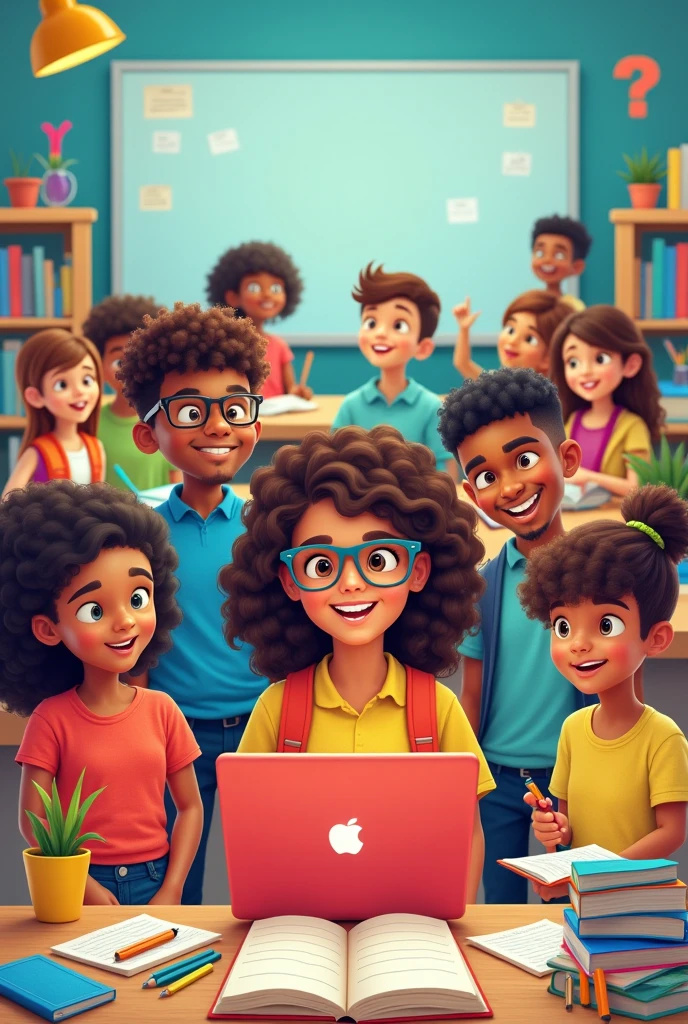 Generate me an image of some diverse fourth grade students (Black children with glasses) Playing an educational video game about commas and their uses on a smartphone