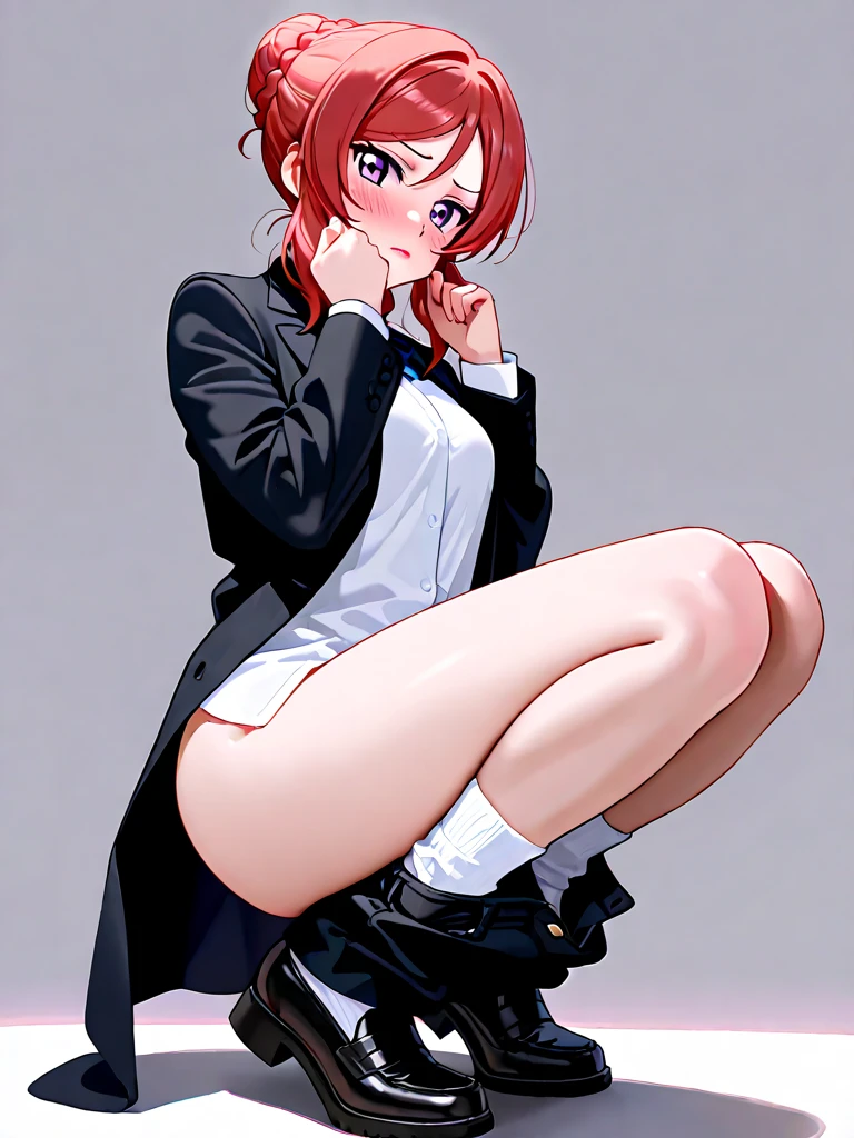 ((line art)), round face, uniform, (red hair, braid, black thigh-high, spread legs, ecstasy face, just want to show off pubic hair for masturbation, most attractive genitals), angle from below,