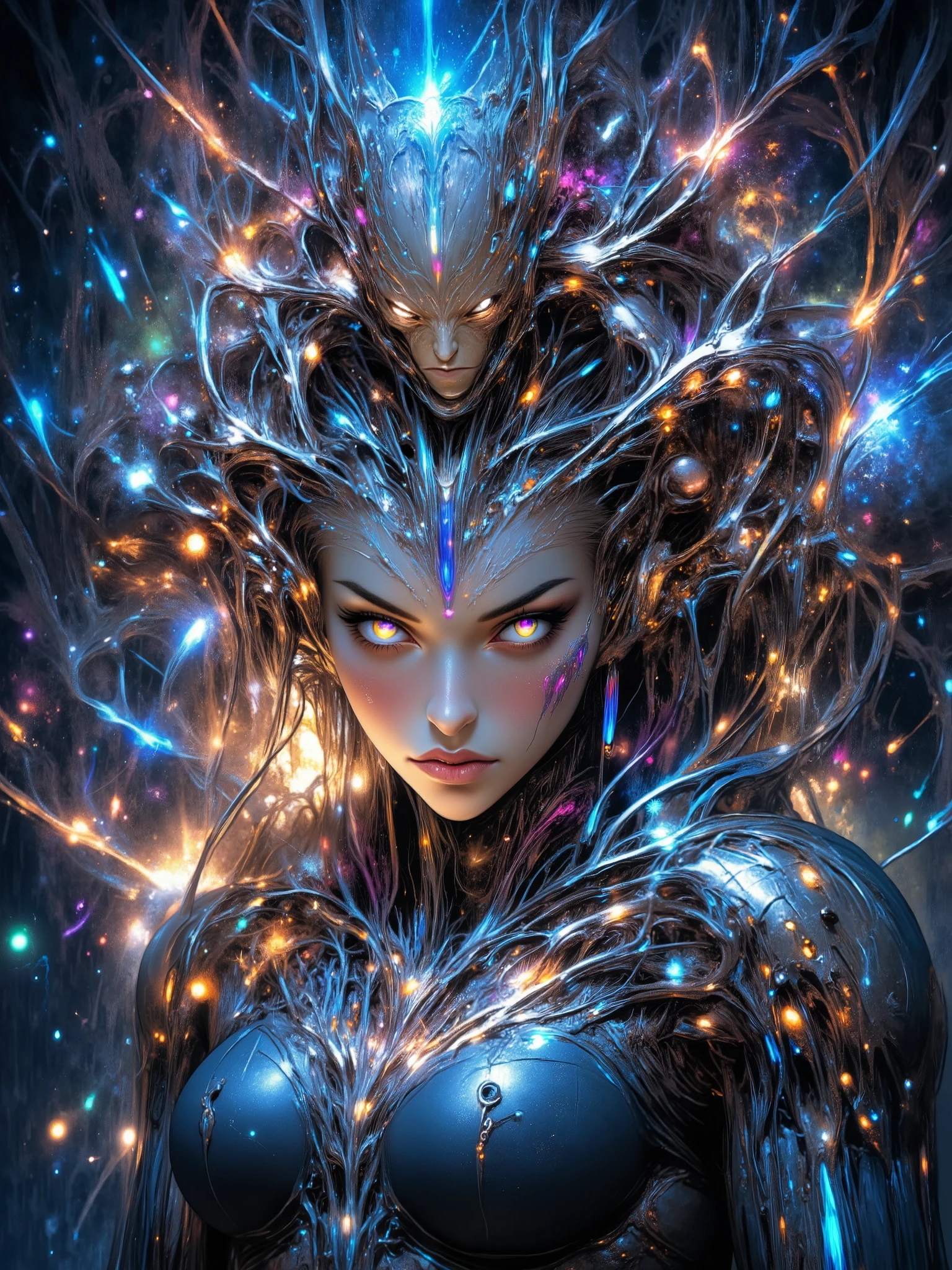 Anime biomechanical woman, ethereal cyberpunk fantasy, metallic wings, glowing runes, pastel colors, silver hair, luminous golden eyes, dreamy forest, soft mist, intricate details, soft lighting, highly detailed, fantasy sci-fi.