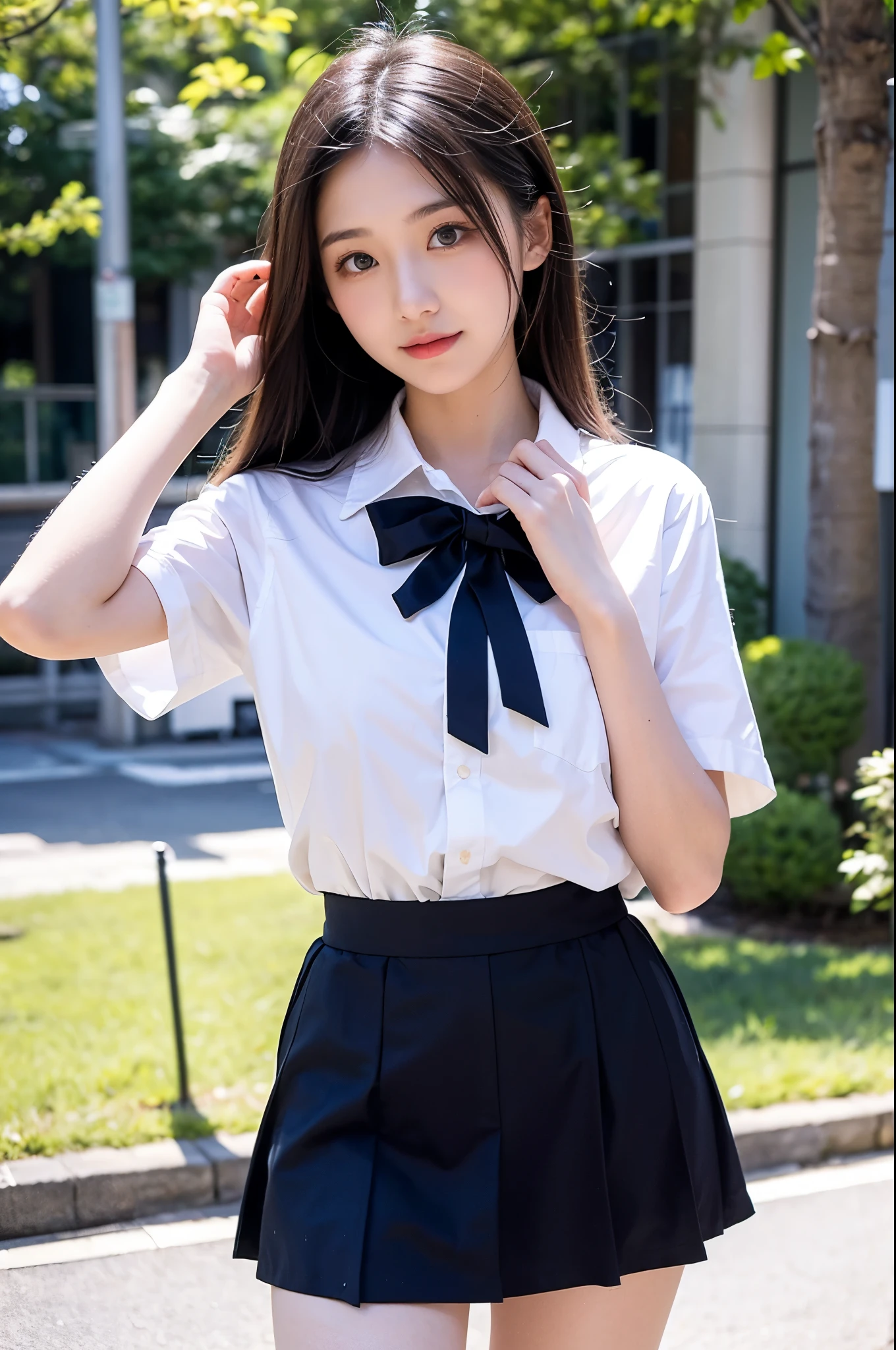 ((highest quality, 8K, masterpiece :1.3)), Photorealistic、Ultra-high resolution、Natural skin texture、Hyperrealism、Photograph from the knee up、12 year old beautiful Japanese girl、White collared shirt and tie、Checkered mini skirt、Serious expression