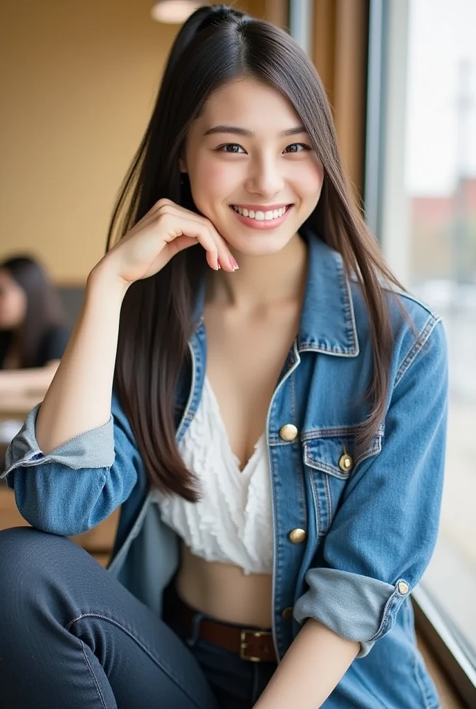 , Blown by the long wind [blue-black:.3] hair,Looking at Viewer, (masutepiece:1.3), (8K, Photorealistic, Raw photo, Best Quality: 1.4), Japanese, (1girl in), Beautiful face, (Realistic face), (Black hair, semi long hair:1.3), Beautiful hairstyle, Realistic eyes, Beautiful detailed eyes, (Realistic skin), Beautiful skin, Attractive, 超A high resolution, A hyper-realistic, Highly detailed, Golden ratio,、Nogizaka Idol、Korean Idol、hposing Gravure Idol、actress、20-years old、tall、cafes、restaurant、Italy、Americans、Australia、