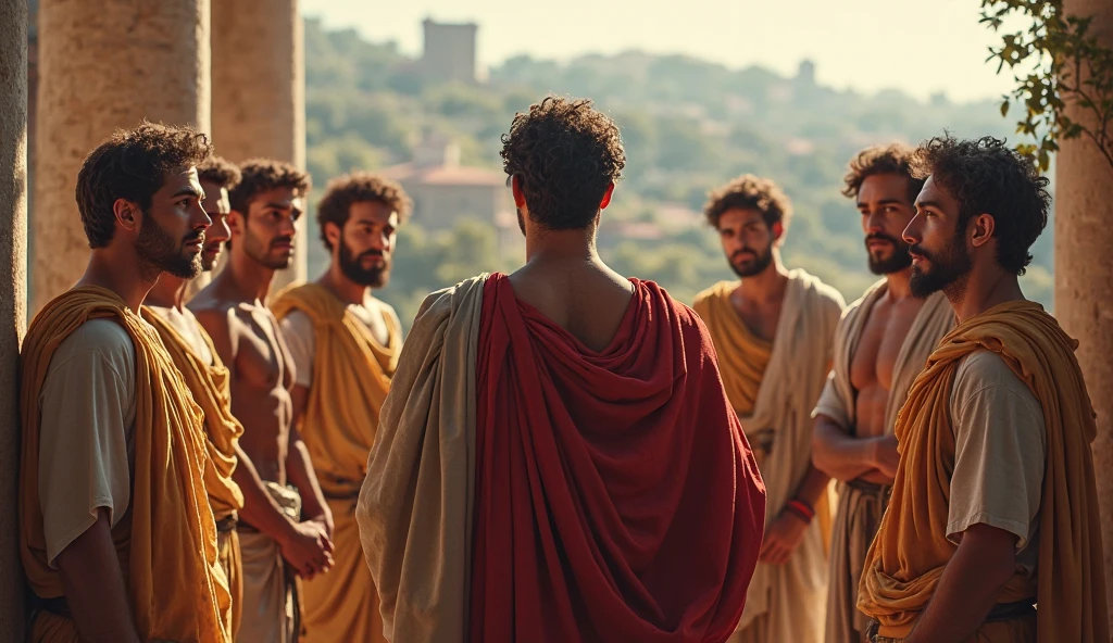 In a sunlit Roman courtyard filled with supportive companions, the young Stoic philosopher stands confidently among a group of scholars and friends. His bronzed skin gleams under the bright sunlight, and his wavy, well-groomed hair is perfectly styled, giving him a commanding yet approachable presence. His classic tunic drapes elegantly over his well-proportioned body, slipping off one shoulder to reveal smooth skin and a hint of his chest, making his appearance both strong and subtly sensual. The others listen attentively, their expressions reflecting respect and admiration. Tall marble columns and lush greenery surround the scene, creating an atmosphere of strength and support. The 8K, photorealistic quality image captures the dynamic interaction, the richness of the philosopher’s expression, and the warm, inviting environment, symbolizing the importance of surrounding oneself with positive influences.