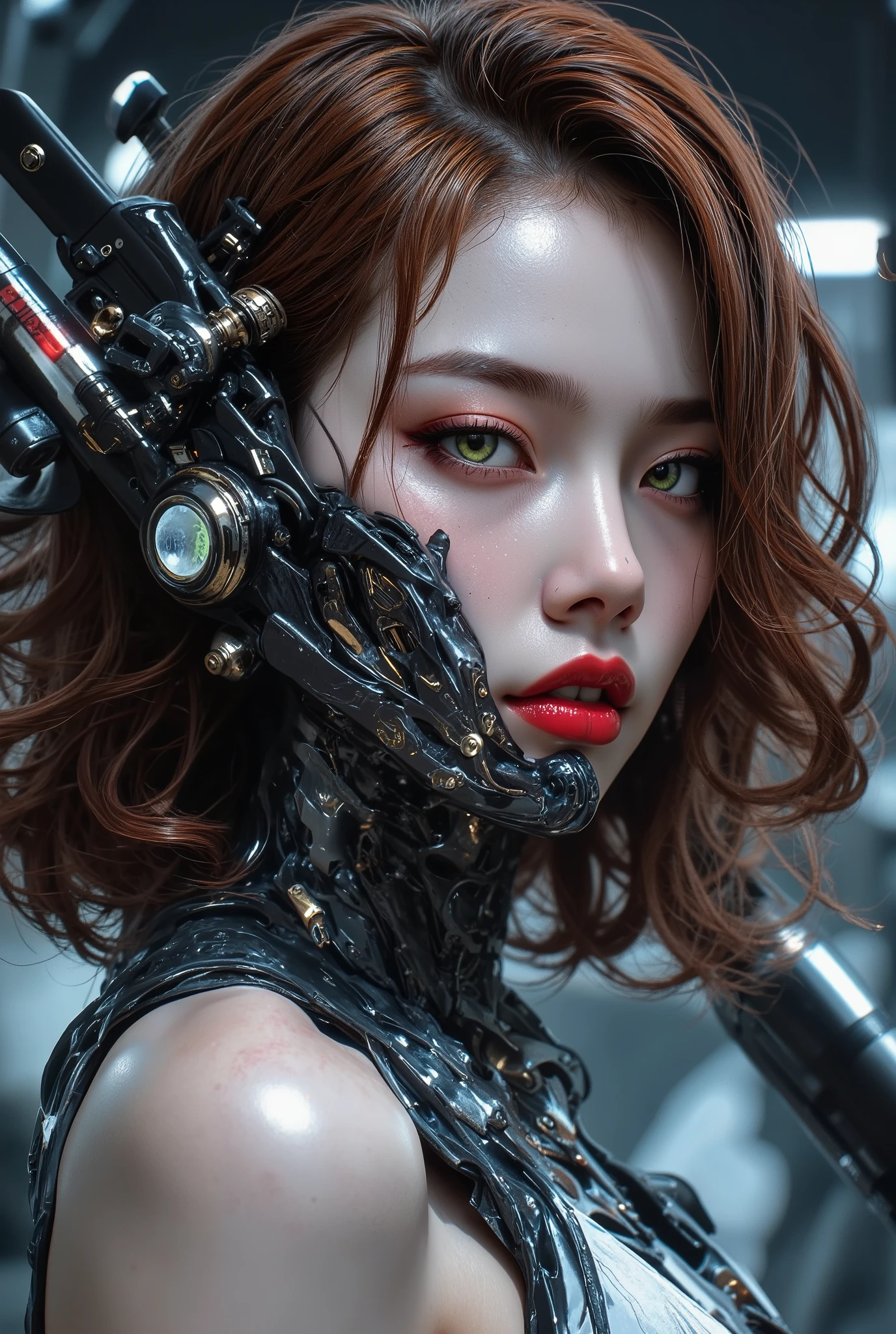  [Style: "masterpiece, realistic (Photorealistic realism), Hyper high resolution, (ultra quality, intricately detailed digital art), focus on extremely Realistic Proportion Body"] (Key Directive: "Prioritize anatomical accuracy and material textures") {Character: "20-year-old white female" | Face: "symmetrical, pale skin, full lips, red lipstick: 1.15" | Eyes: "((sharp focus, no blurry eyes, Hyper absurd quality, Hyper details, Hyper realistic green eyes:1.4))" - "((extra narrow eyebrows))" - "(Carefully draw Long blue_mascara:1.2)" - "(perfect round eyes)" | Makeup: "detailed lips:1.3, (apply glossy red_lipstick:1.3)" | Hair: "waist-length red curly (setting light reflections: 0.5)" | POV: "((first person view))" | "((first person shooting position))" - "hold a Custom Railgun in hends" Weapon: "Custom Railgun (StatTrak™ module)" | Railgun side Engraving : "Japanese dragon (green/blue paint:1.4)" | Display: "((side-mounted counter (red LED '589')))" | Attachments: - "Underbarrel flamethrower "(aim through the scope at running targets ((the human-like very large angry black animal))) (shoot with continuous fire)"- "active, orange/blue flames:0.3, white/yellow flash:0.3" - (hot, smoking") - "Green laser sight (beam visible in airborne dust)" Environment: "unknown planet in an alien galaxy (unknown species of vegetation, animals), day" | Lighting: "(Cinematic clarity and global illumination)" - "aim at the target and shoot'' - ''Muzzle flash from rifle (temporarily illuminates face)" "((background – clear and sharp human-like large black alien, ((chaos and terror")))) (Rendering engine: "Unreal Engine 5 path tracing, 16K texture maps") } 