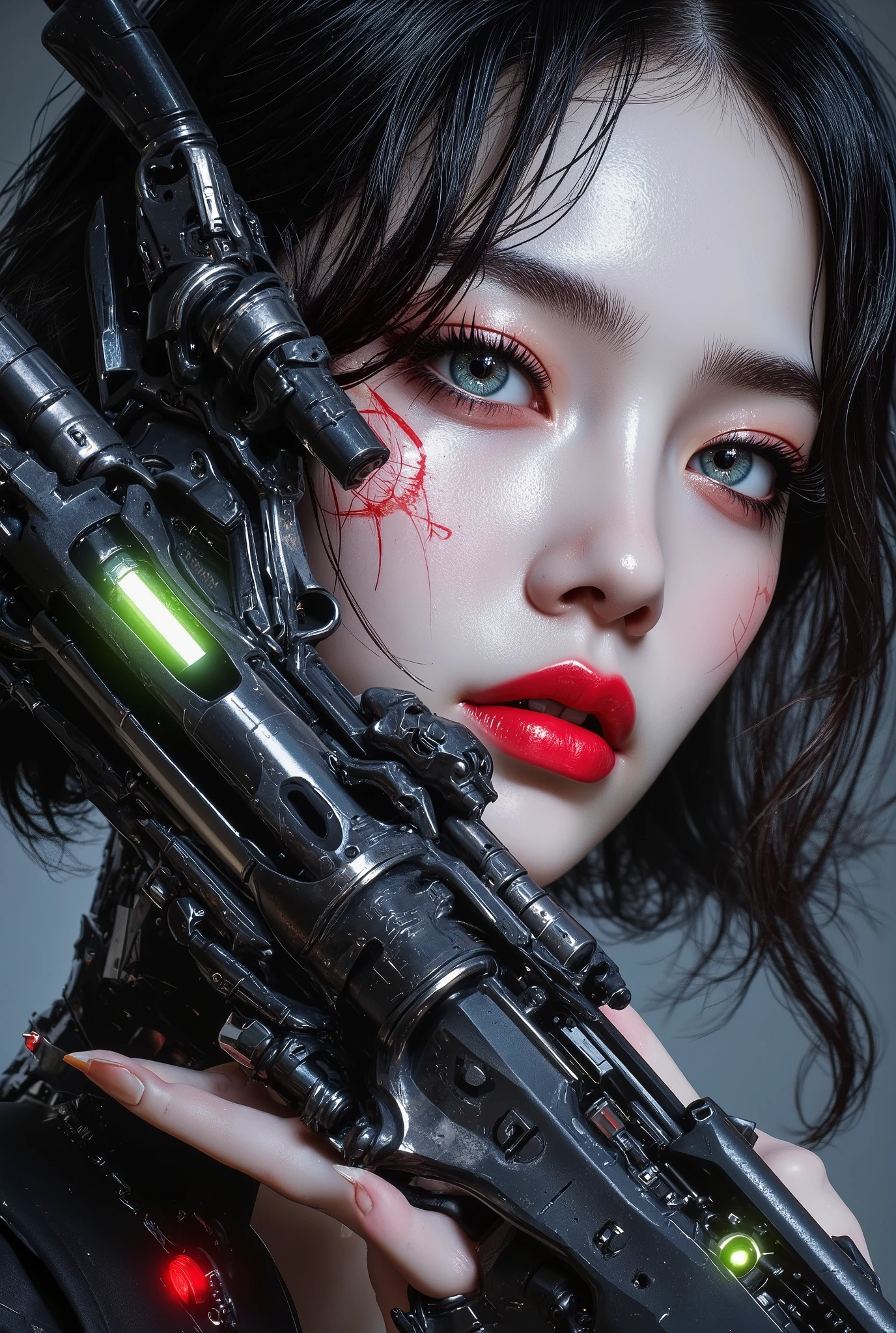  [Style: "masterpiece, realistic (Photorealistic realism), Hyper high resolution, (ultra quality, intricately detailed digital art), focus on extremely Realistic Proportion Body"] (Key Directive: "Prioritize anatomical accuracy and material textures") {Character: "20-year-old white female" | Face: "symmetrical, pale skin, full lips, red lipstick: 1.15" | Eyes: "((sharp focus, no blurry eyes, Hyper absurd quality, Hyper details, Hyper realistic green eyes:1.4))" - "((extra narrow eyebrows))" - "(Carefully draw Long blue_mascara:1.2)" - "(perfect round eyes)" | Makeup: "detailed lips:1.3, (apply glossy red_lipstick:1.3)" | Hair: "waist-length red curly (setting light reflections: 0.5)" | POV: "((first person view))" | "((first person shooting position))" - "hold a Custom Railgun in hends" Weapon: "Custom Railgun (StatTrak™ module)" | Railgun side Engraving : "Japanese dragon (green/blue paint:1.4)" | Display: "((side-mounted counter (red LED '589')))" | Attachments: - "Underbarrel flamethrower "(aim through the scope at running targets ((the human-like very large angry black animal))) (shoot with continuous fire)"- "active, orange/blue flames:0.3, white/yellow flash:0.3" - (hot, smoking") - "Green laser sight (beam visible in airborne dust)" Environment: "unknown planet in an alien galaxy (unknown species of vegetation, animals), day" | Lighting: "(Cinematic clarity and global illumination)" - "aim at the target and shoot'' - ''Muzzle flash from rifle (temporarily illuminates face)" "((background – clear and sharp human-like large black alien, ((chaos and terror")))) (Rendering engine: "Unreal Engine 5 path tracing, 16K texture maps") } 