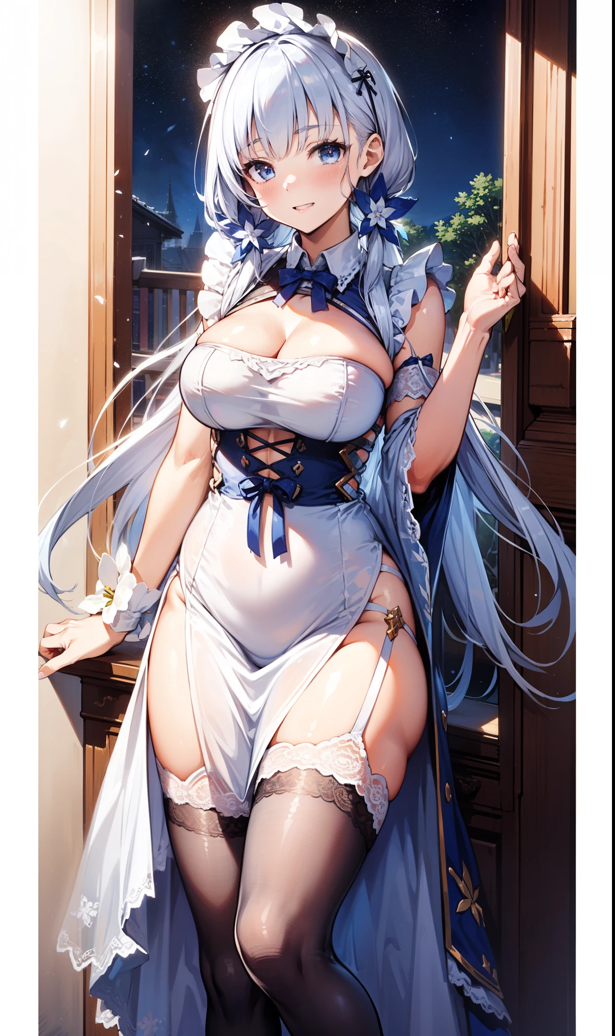 (masterpiece:1.2), (best quality), (ultra detailed), (8k, 4k, intricate),(cowboy:1.2),(highly detailed:1.2),(detailed face:1.2),esdeath 1girl, solo, long hair, blue eyes, blue hair,huge tits, bedroom, Slim, full body in shot, Nightie