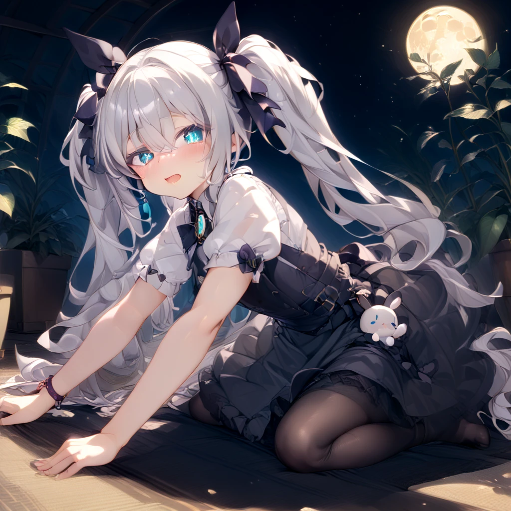 Small li,Amber eyes,long white hair,short skirt,white stockings,Black round scalp shoes,sit on a bed,Tentacles reach into the,Flushed complexion,Pampering,moon full,white panties