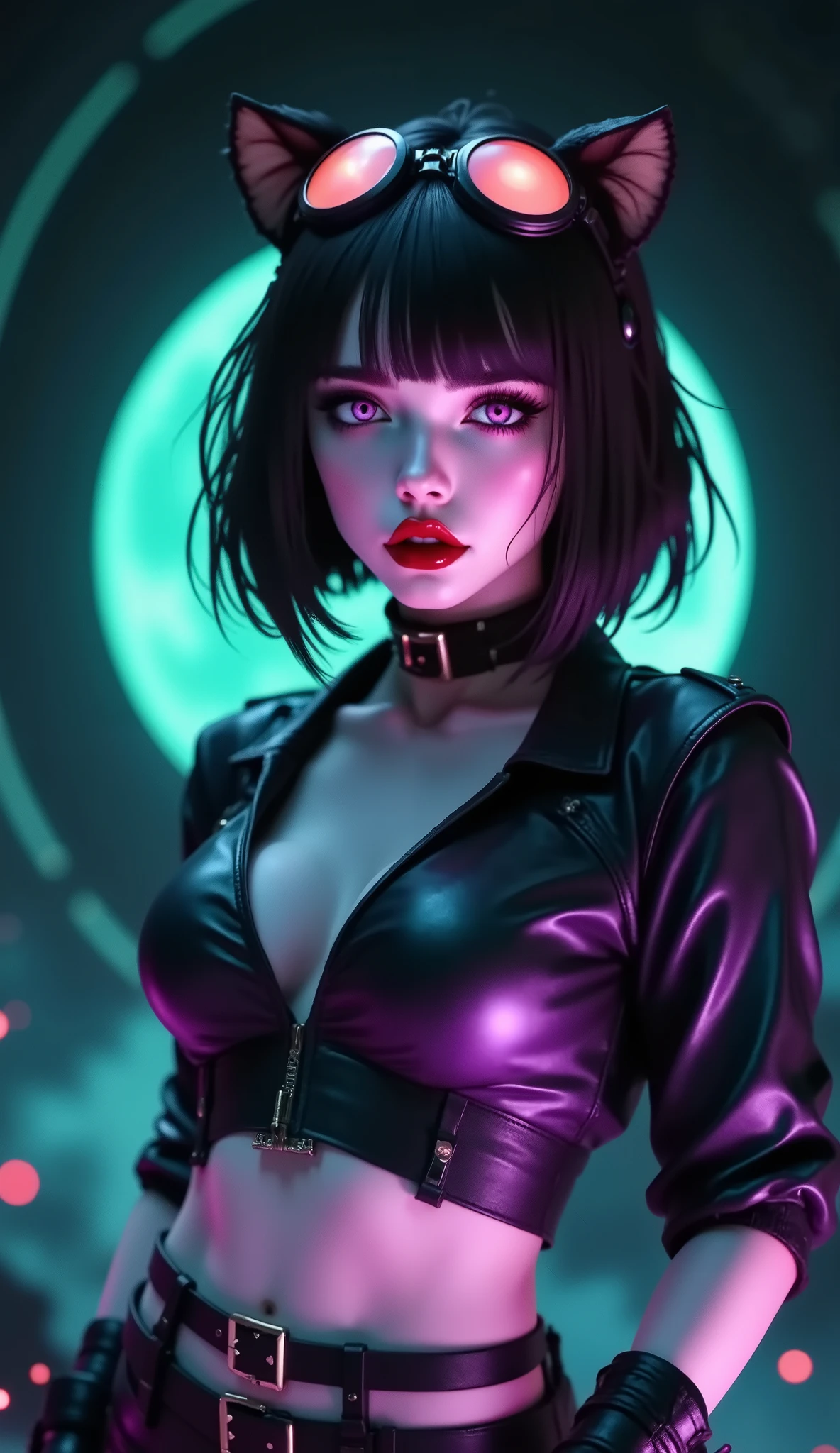((RAW Photo), Absurdres, (Absurd Resolution)), (((draw this photo: an anime girl, in the real world, both realities in one photo))), (pink eyes with luminous lilac), (beautiful girl, 21 years old, haiz_ai, cknc style, full body), (young brunette girl), (leather outfit, with saws and bags, goggles on her neck, energy baton), ((walks on a huge illuminated platform)), (background: black starry sky, greenish planet, interstellar ship, TR-3 Black Manta), «SunPuma S»