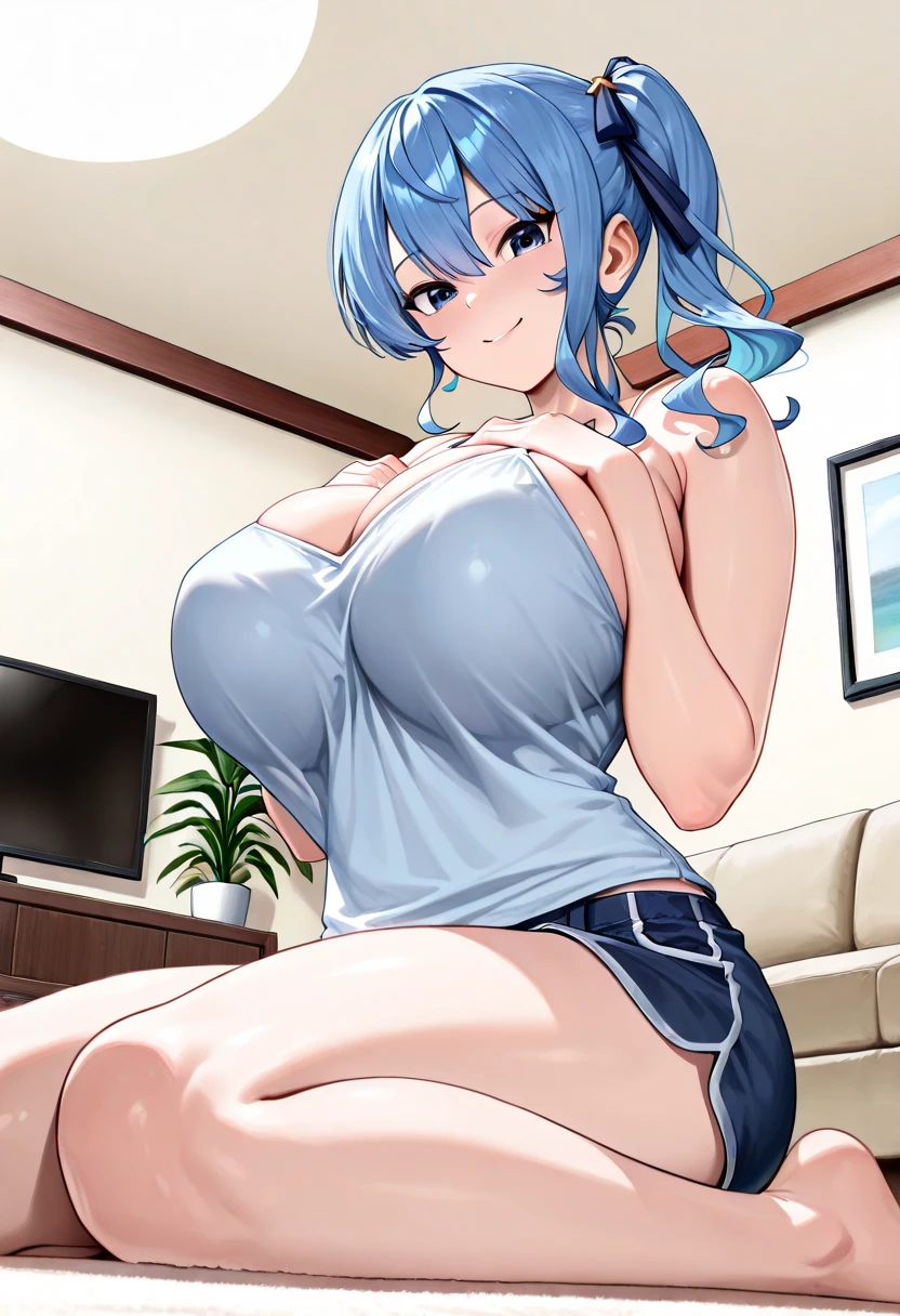 score_9, score_8_up, score_7_up, BREAK from below,,(girl sit on chair,on your back),(selfie),1girl,bulma, blue eyes, blue hair,bare shoulders, belt, cleavage, hair bobbles, hair ornament, hair over shoulder,large breast,midriff, navel, one side up, red tube top, shorts, side ponytail, (strapless, tube top,under_boob:1.2),looking at viewer,facial expression,sharp eye,smile,masterpiece, best quality,  detailed body, highly detailed, anime coloring.anime,[anime_screencap:0.8] , highly detailed,