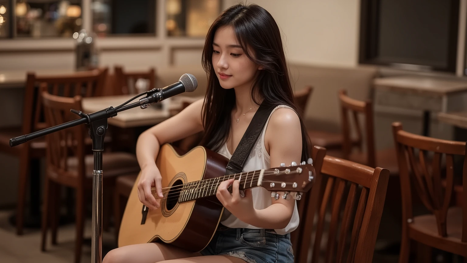 A 20-year-old Indonesian girl with bright white skin and straight shoulder-length black hair. 
She wears a loose white tank top and short jeans. White ambient light reflections on skin.
Sitting and playing guitar while singing, seated at a café bar under warm lighting. 
Wide Shot with a 18mm lens f1.8, fullbody framing. Cinematic style.
Textured skin, super detail, depth of field.