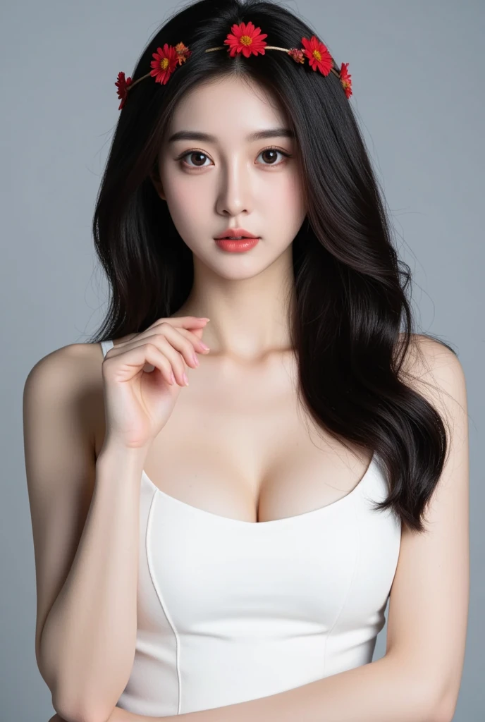 (((masterpiece))), (((High resolution)))、(((8K quality)))、(((perfect face)))、(((K-pop idol)))、25 years old、(tank top), look at the camera, (top quality eyes), (detailed face), (detailed texture), (big tits), (plump)