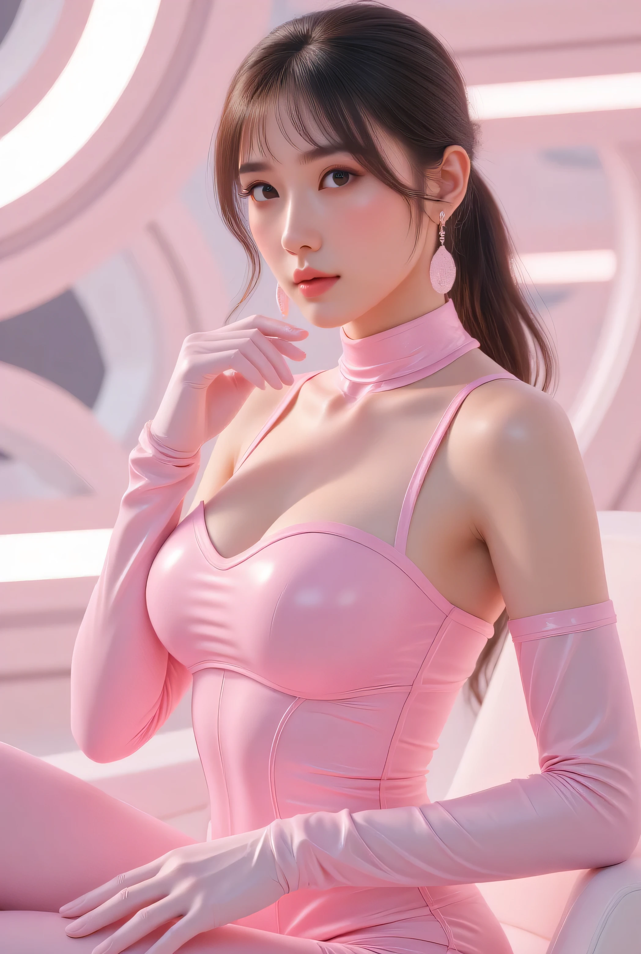 pink queen concept , Unreal Engine 5 8K Ultra HD Graphics, portrait of a beautiful woman , Full pink latex , straight bangs , pink tight latex , earrings, Pink Latex Corset , pink latex stockings , pink long latex gloves , future design, beautiful makeup, best quality, Masterpiece breasts