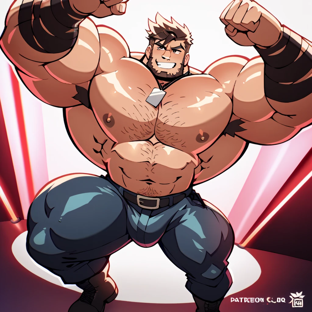 solo, 1boy, Huge Muscular Old Grizzly Bear wearing glasses, correct anatomy, steroid, pectoral, huge pectoral, wide pectoral, short white hair, black competitive briefs, speedo, bearded, Mustache, bodybuilding competition stafe background, masterpiece, high detailed, 8k, high resolution, at the stage, flexing off for the audience