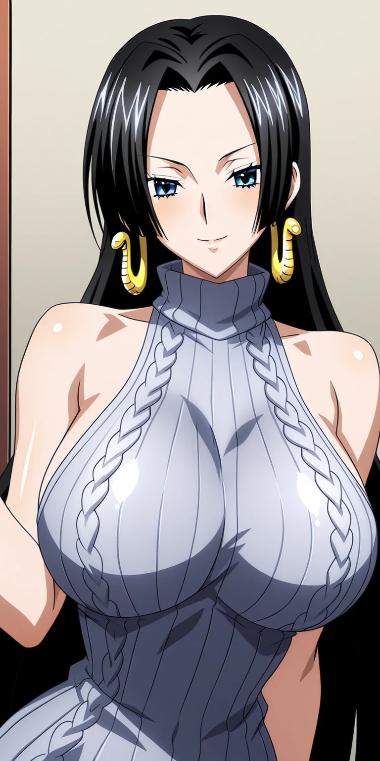 masterpiece, ((ultra detailed background, delicate pattern, intricate detail)), (highly detailed, fine details), best quality, beautiful lighting, (gigantic breasts)), NicoRobinV2, 1girl, black hair, long hair, solo, gigantic breasts, (smile), blue eyes, closed mouth, hair slicked back, jewelry, collarbone, (bare shoulders, black crop top, high heels, split skirt, underboob, turtleneck, skin tight, shiny clothes), (complex detailed background, inside, luxury palace), curvy, cowboy shot,((light dark skin: 1.4))