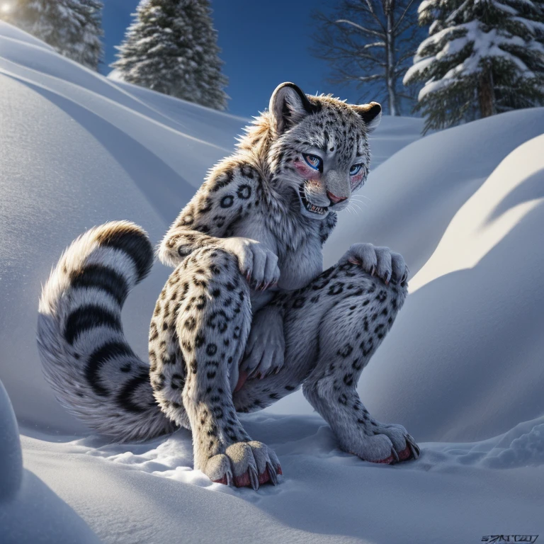Fluffy Snow Leopard、paw pads on soles of feet、Backwards pose、Hairless head、Fluffy white fur all over the body、Wild male snow leopard、Backwards pose、Snow Leopard&#39;s Back、Composition from behind、White Ass、Long white hair all over the body、Fluffy body、Anime eyes that shine like sapphires、Very long and profuse armpit hair、Snow Leopard Tail、Alpine background、Snowy mountain background、Tree Top Situation、Snow Leopard Toe Claws、paw pads on soles of feet、Sharp Claws、A composition that captures the whole body、Cliff-to-cliff jumping pose、Floating pose、Flying in the air pose、Very fat back