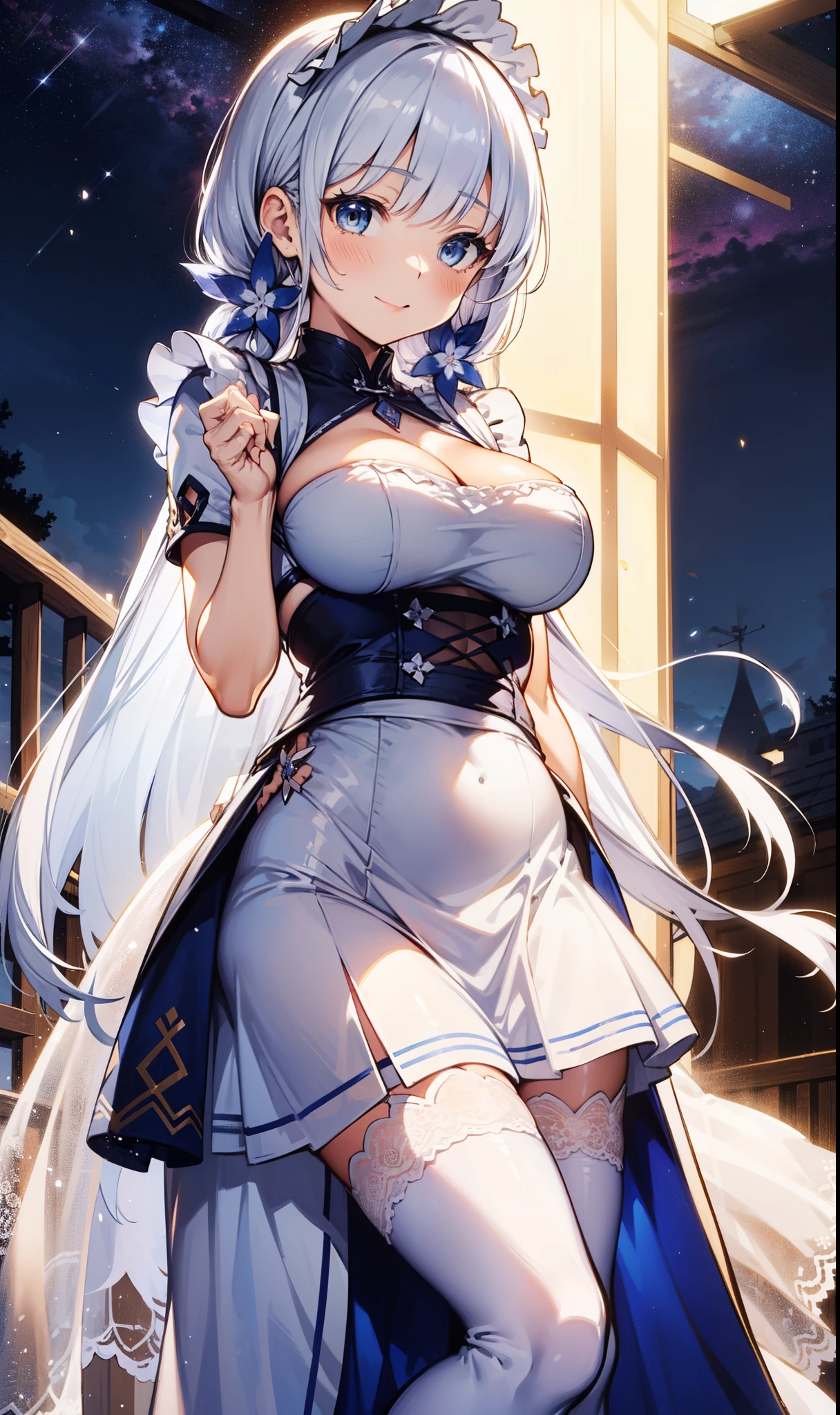 goddess,obsessed,have fun,in love,(White transparent maid uniform,With a long skirt),Silver Hair,blue eyes,Transparent Clothes,Exquisite hair accessories,Transparent lace,Sky blue pattern,night,Dress nicely,bedroom,solitary,night,Engraved suspender boots,Beautiful face,Garter stockings,illustrious (maiden lily's radiance) (azur lane)