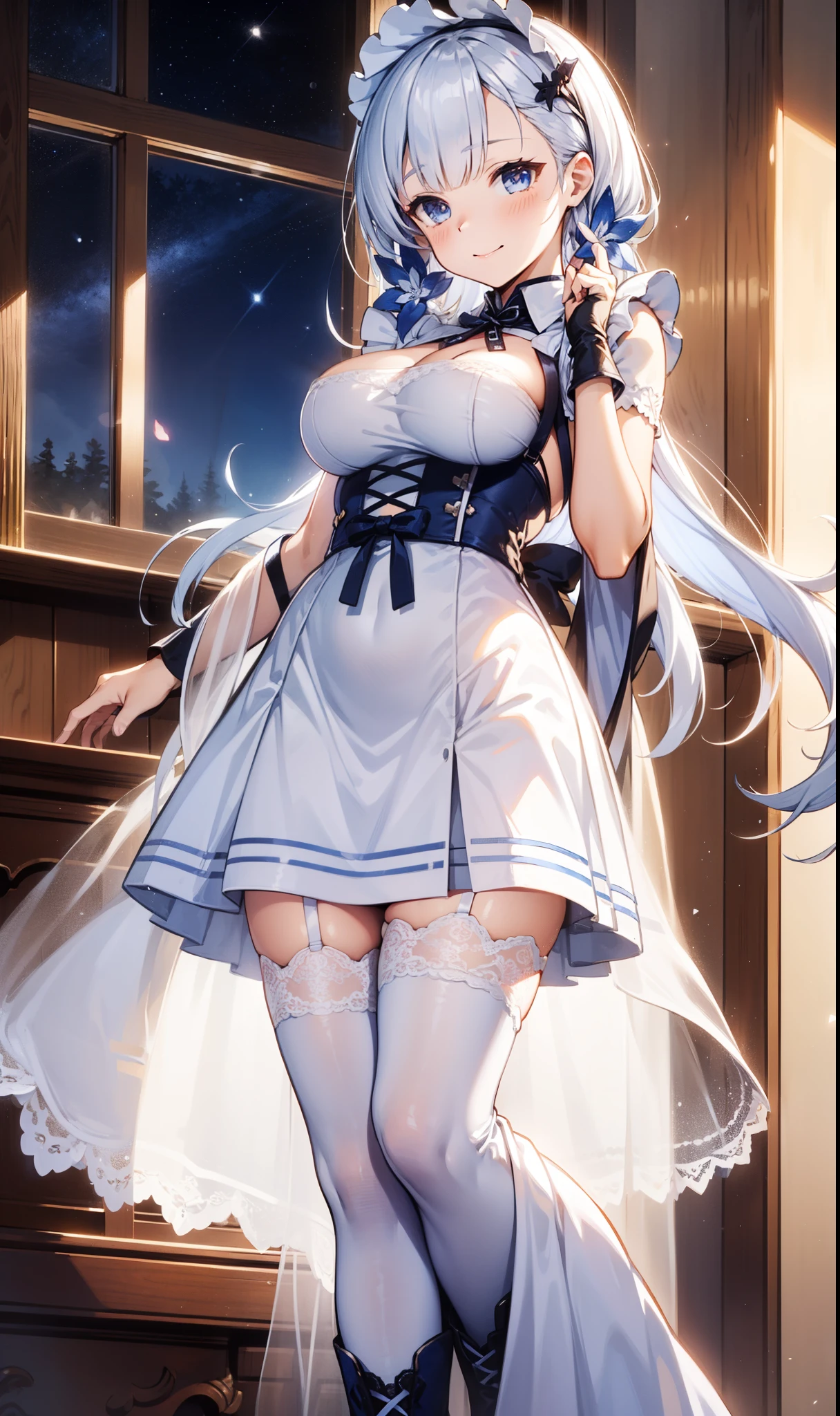 goddess，obsessed，have fun，in love，(White transparent maid uniform，With a long skirt)，Silver Hair，blue eyes，Transparent Clothes，Exquisite hair accessories，Transparent lace，Sky blue pattern，night，Dress nicely，bedroom，solitary，night，Engraved suspender boots，Beautiful face，Garter stockings，illustrious (maiden lily's radiance) (azur lane)